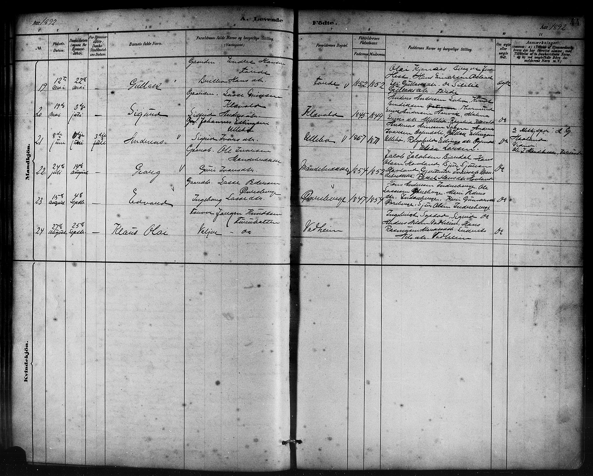 Lavik sokneprestembete, AV/SAB-A-80901: Parish register (copy) no. B 3, 1882-1913, p. 44