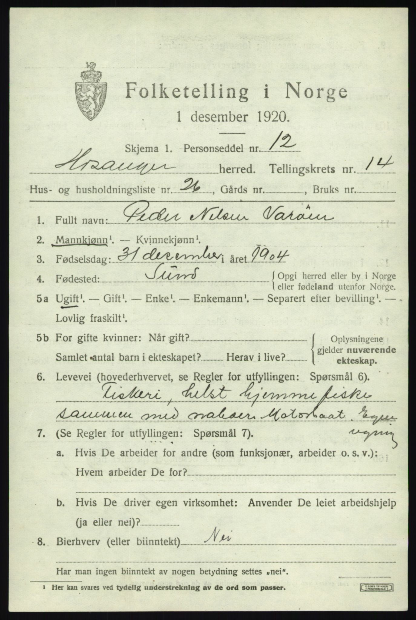 SAB, 1920 census for Hosanger, 1920, p. 5829