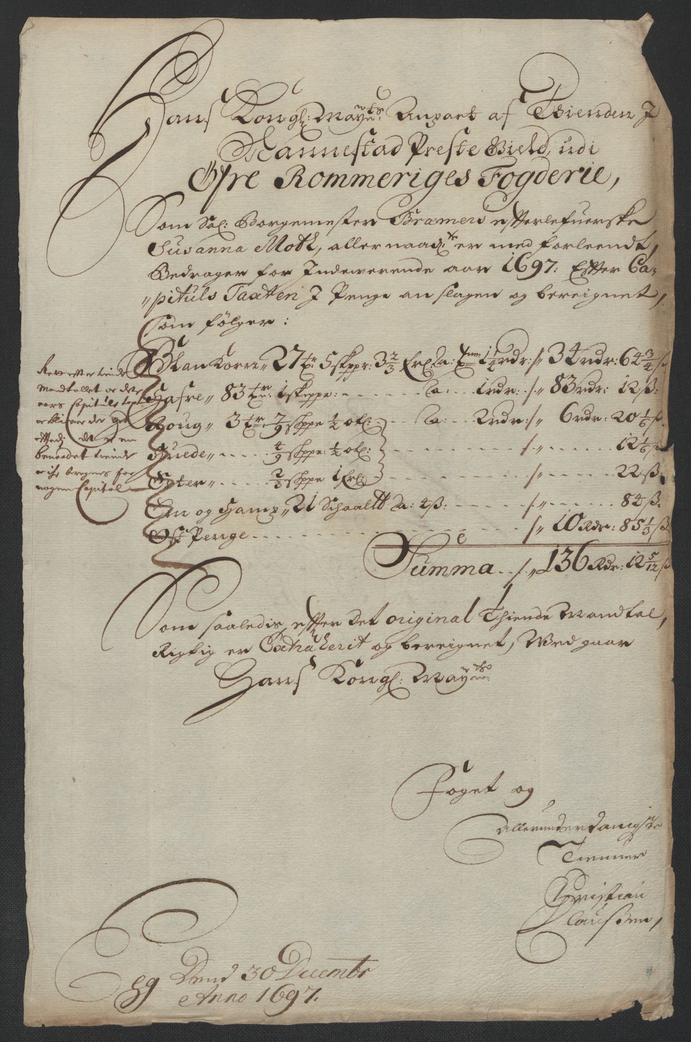 Rentekammeret inntil 1814, Reviderte regnskaper, Fogderegnskap, AV/RA-EA-4092/R12/L0709: Fogderegnskap Øvre Romerike, 1697, p. 69