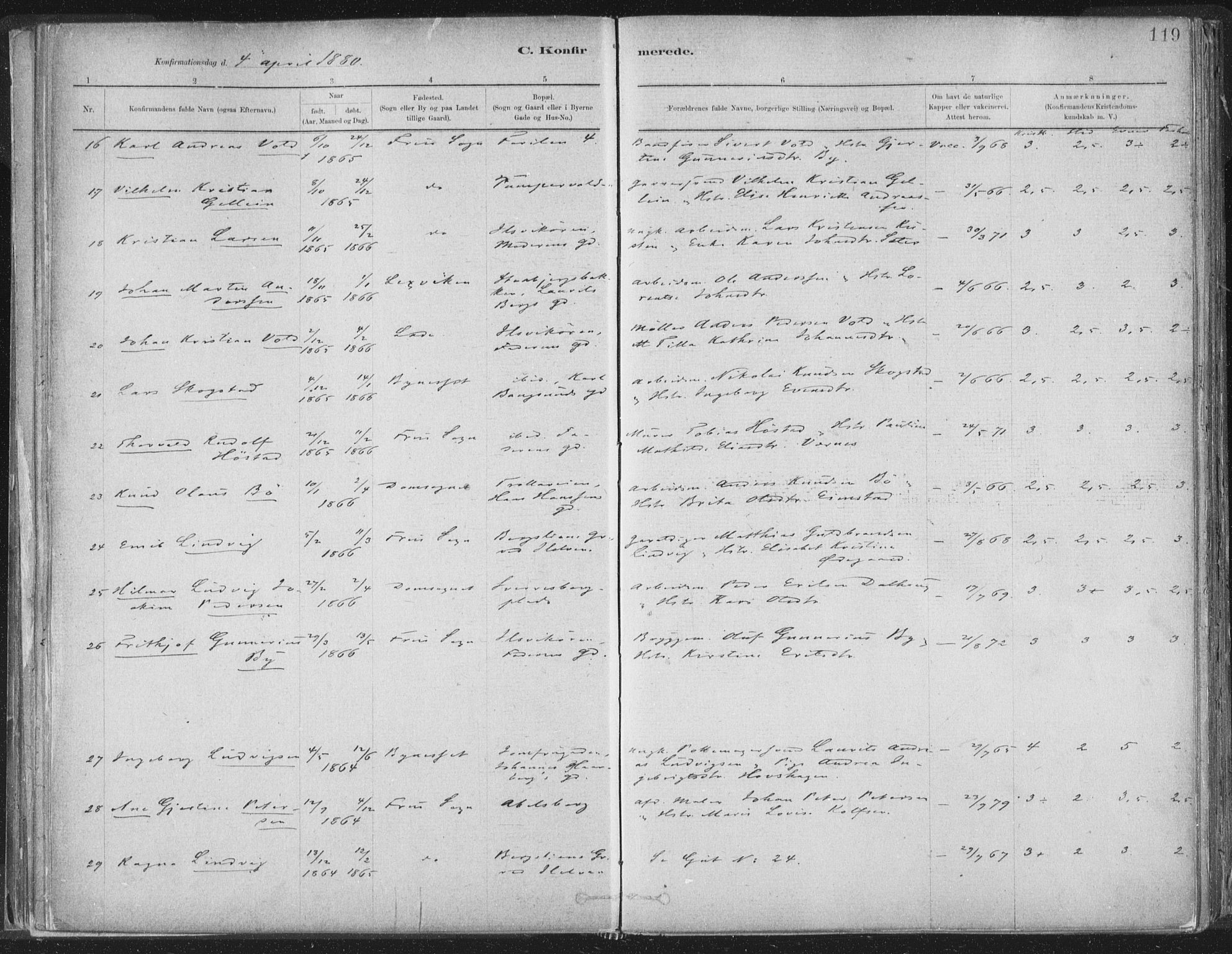 Ministerialprotokoller, klokkerbøker og fødselsregistre - Sør-Trøndelag, SAT/A-1456/603/L0162: Parish register (official) no. 603A01, 1879-1895, p. 119