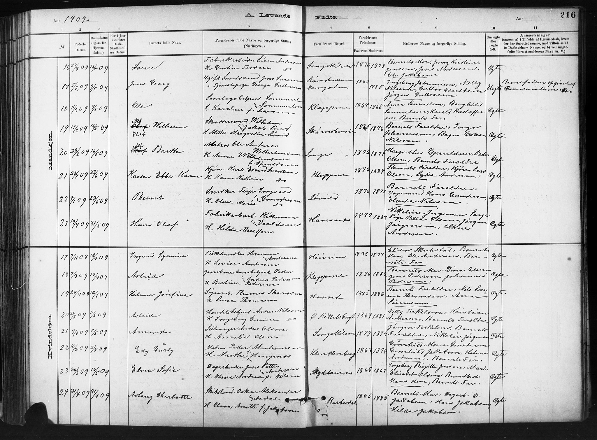 Barbu sokneprestkontor, SAK/1111-0003/F/Fb/L0002: Parish register (copy) no. B 2, 1890-1922, p. 216