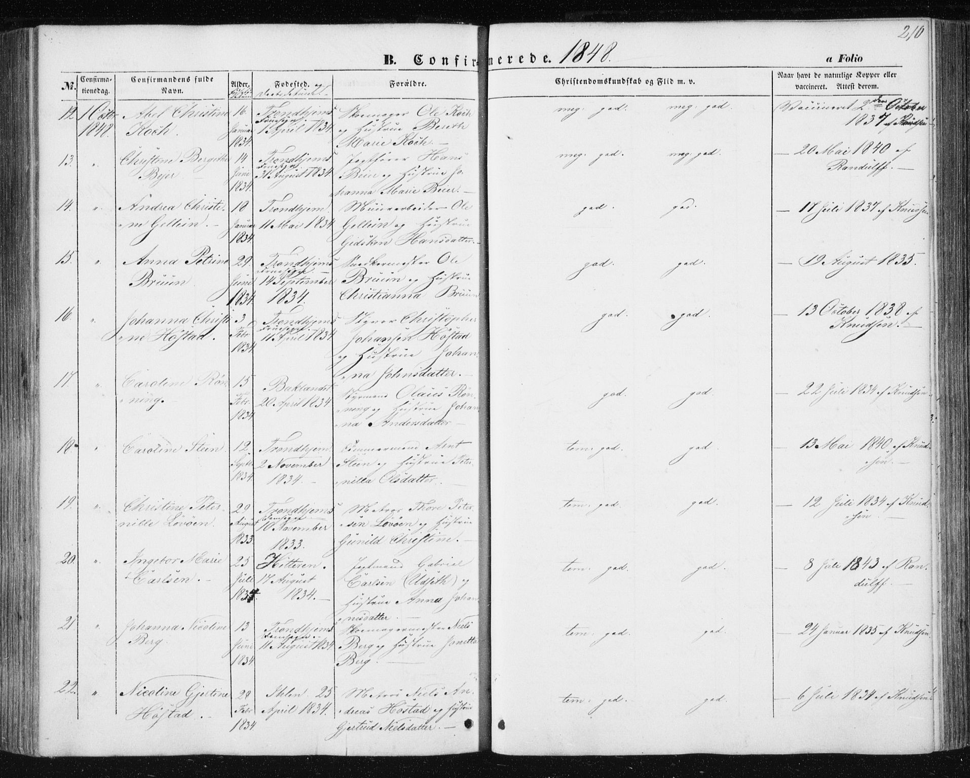 Ministerialprotokoller, klokkerbøker og fødselsregistre - Sør-Trøndelag, SAT/A-1456/602/L0112: Parish register (official) no. 602A10, 1848-1859, p. 210