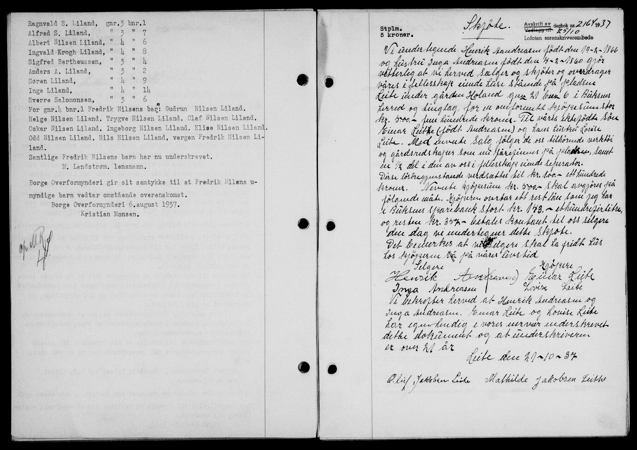 Lofoten sorenskriveri, SAT/A-0017/1/2/2C/L0003a: Mortgage book no. 3a, 1937-1938, Diary no: : 2164/1937