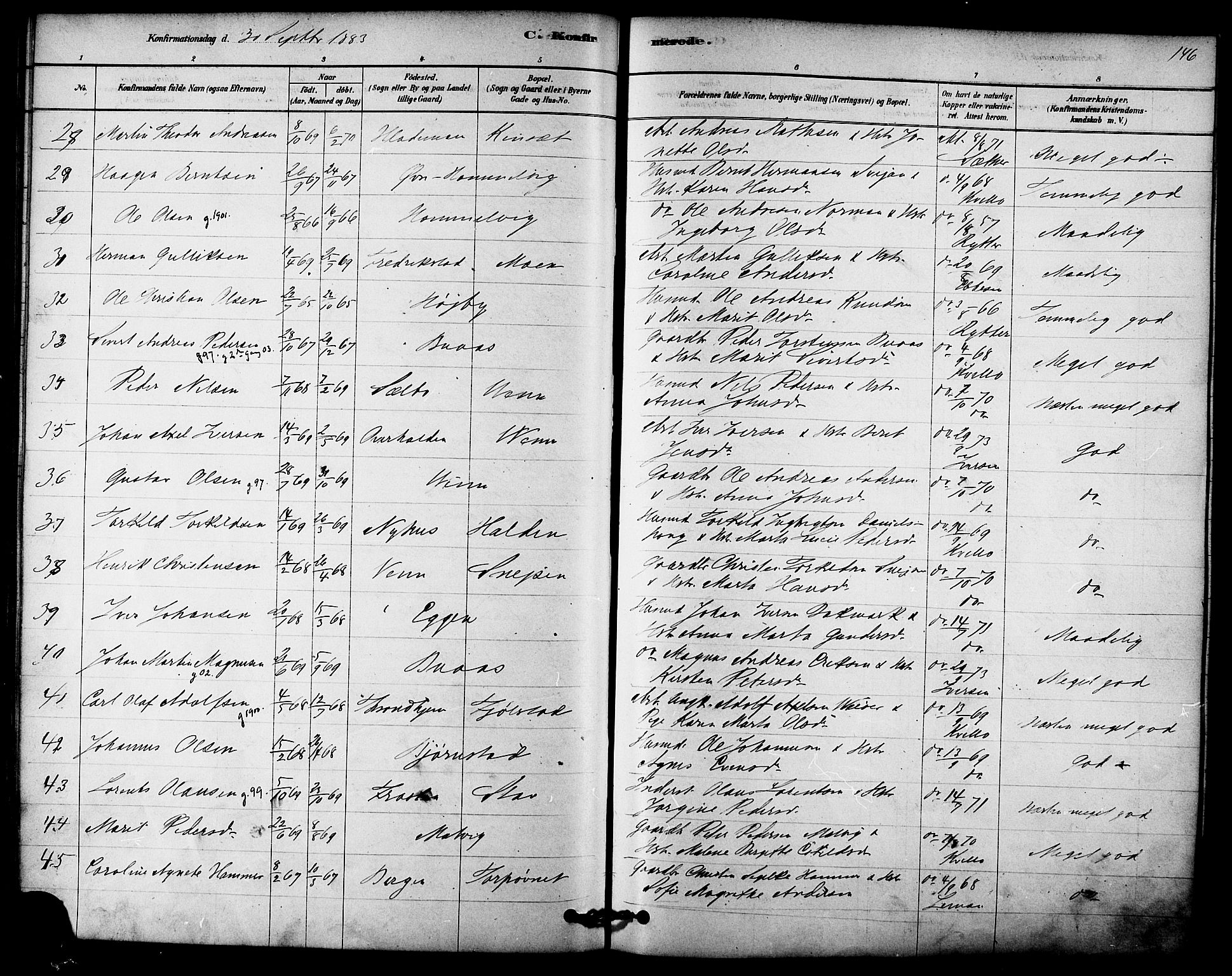 Ministerialprotokoller, klokkerbøker og fødselsregistre - Sør-Trøndelag, AV/SAT-A-1456/616/L0410: Parish register (official) no. 616A07, 1878-1893, p. 146