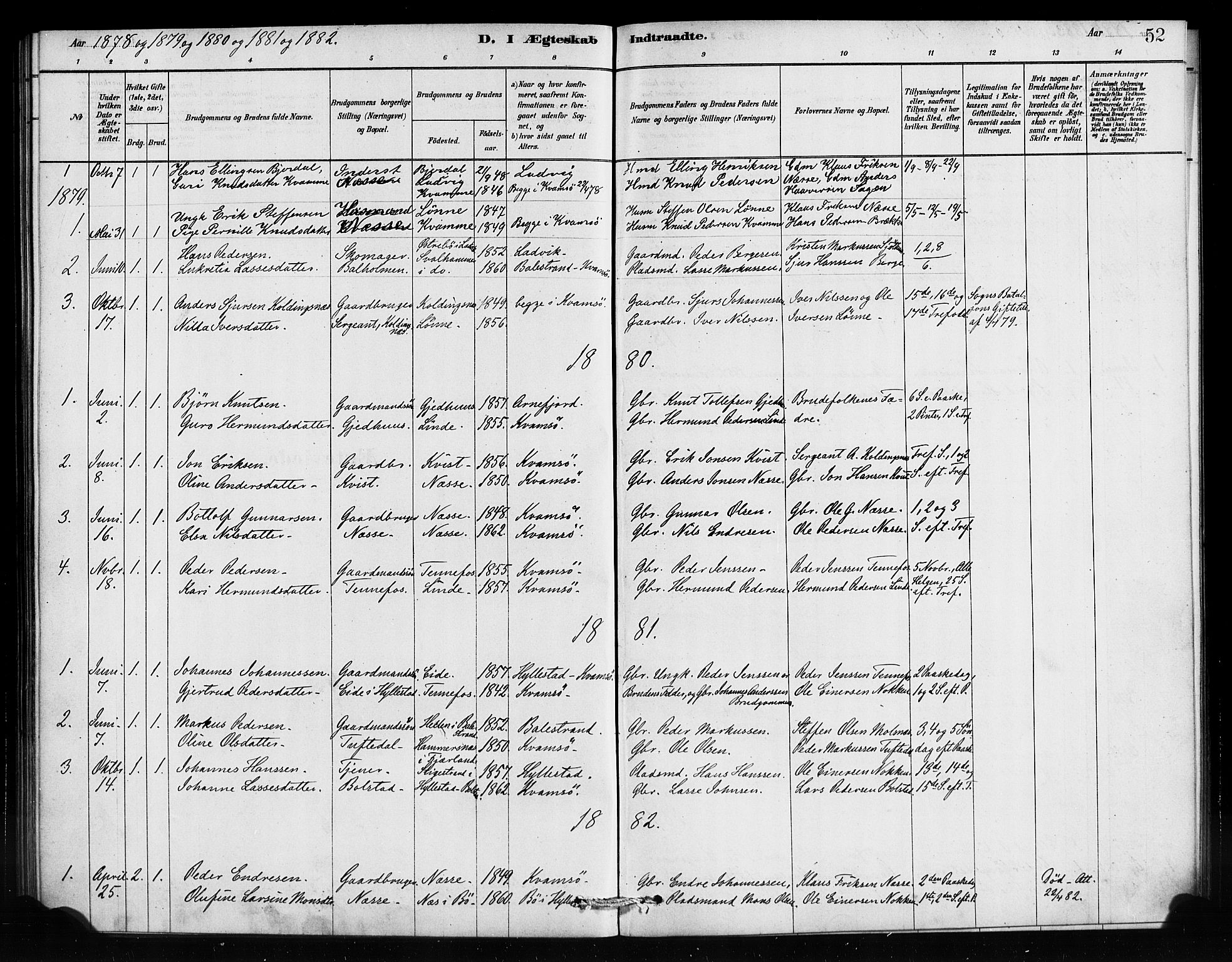 Vik sokneprestembete, AV/SAB-A-81501/H/Haa/Haad/L0001: Parish register (official) no. D 1, 1878-1890, p. 52