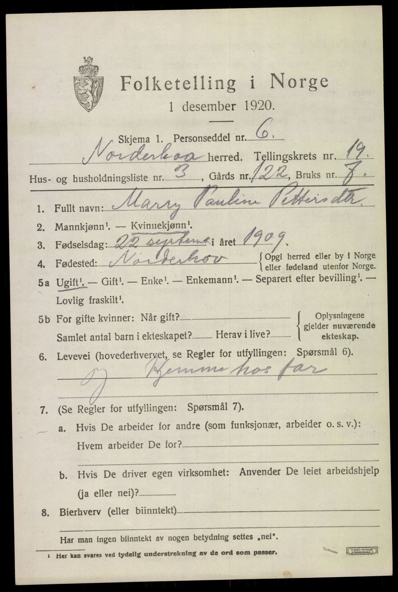 SAKO, 1920 census for Norderhov, 1920, p. 20336