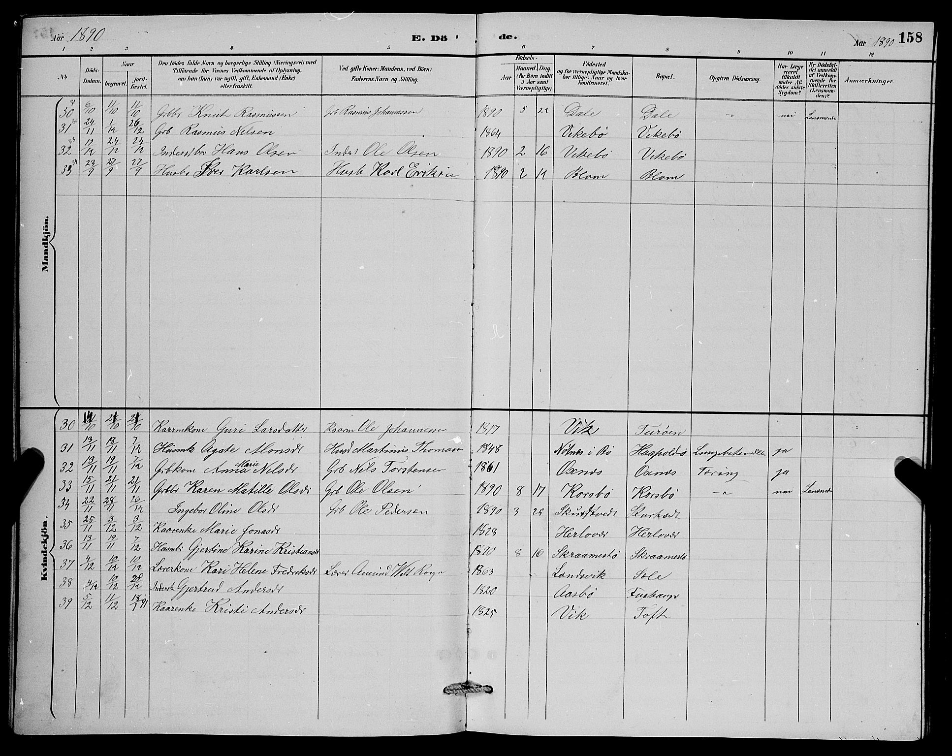 Herdla Sokneprestembete, SAB/A-75701/H/Hab: Parish register (copy) no. A 3, 1889-1899, p. 158