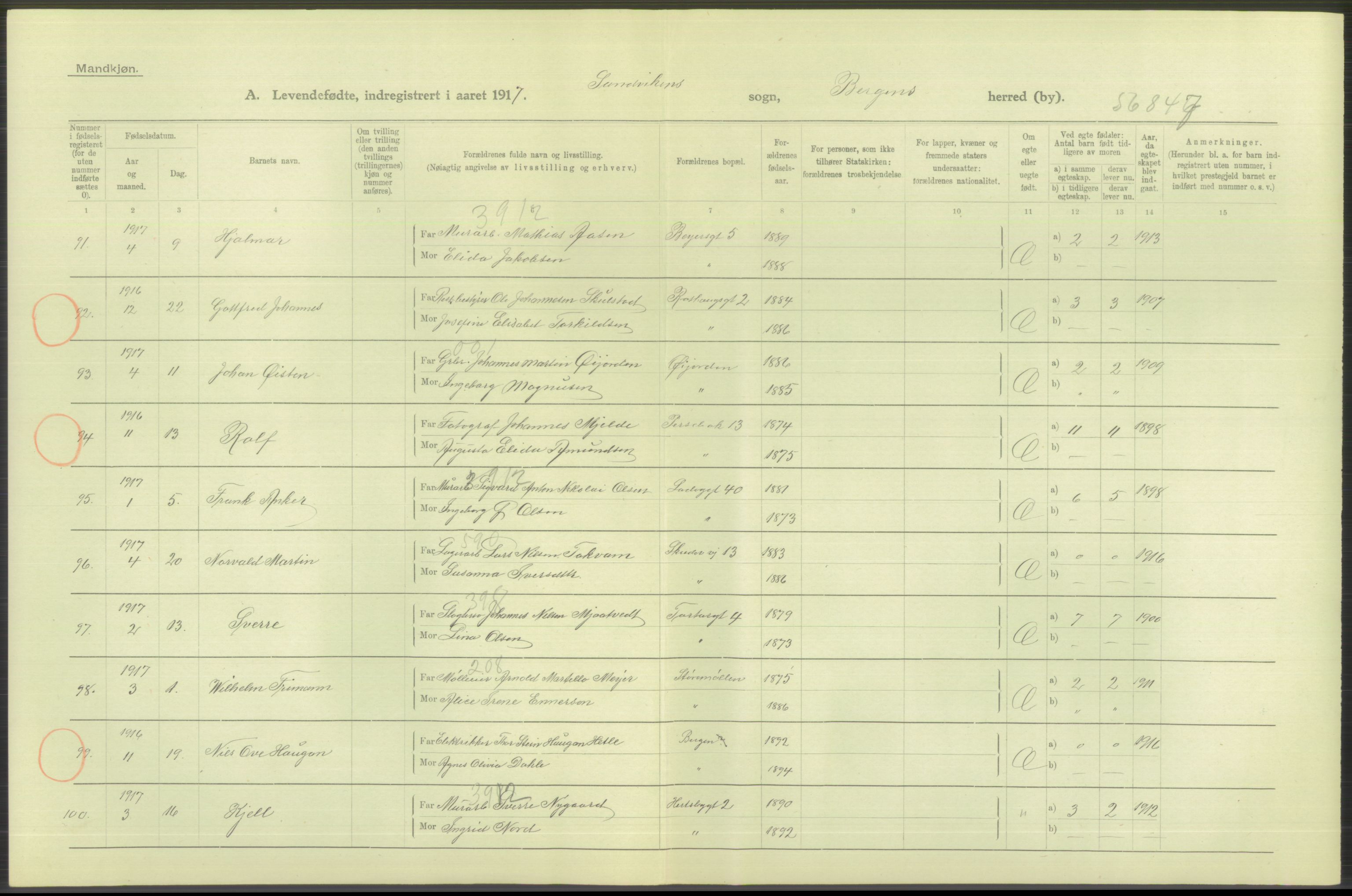 Statistisk sentralbyrå, Sosiodemografiske emner, Befolkning, AV/RA-S-2228/D/Df/Dfb/Dfbg/L0037: Bergen: Levendefødte menn og kvinner., 1917, p. 312