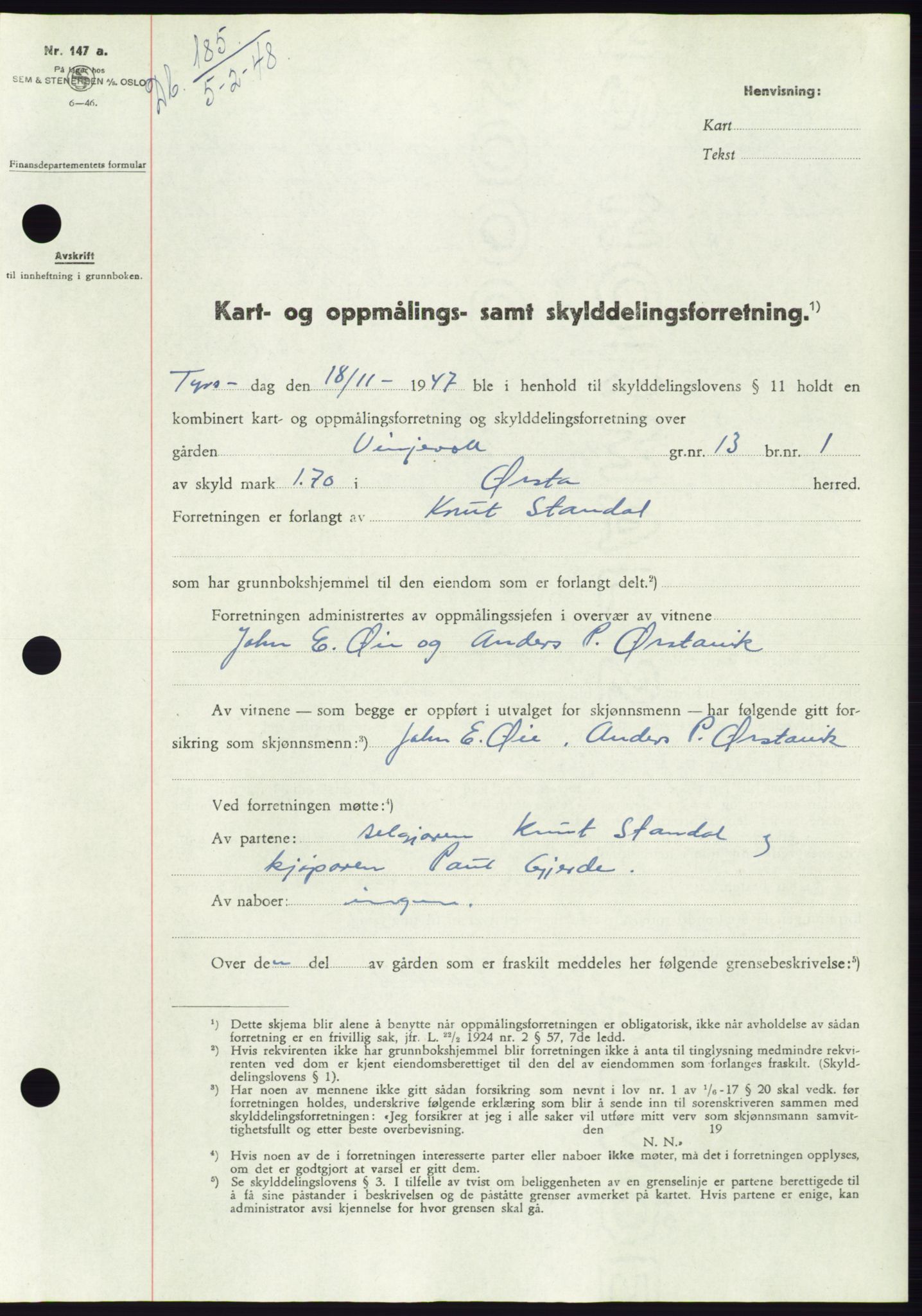 Søre Sunnmøre sorenskriveri, AV/SAT-A-4122/1/2/2C/L0082: Mortgage book no. 8A, 1948-1948, Diary no: : 185/1948