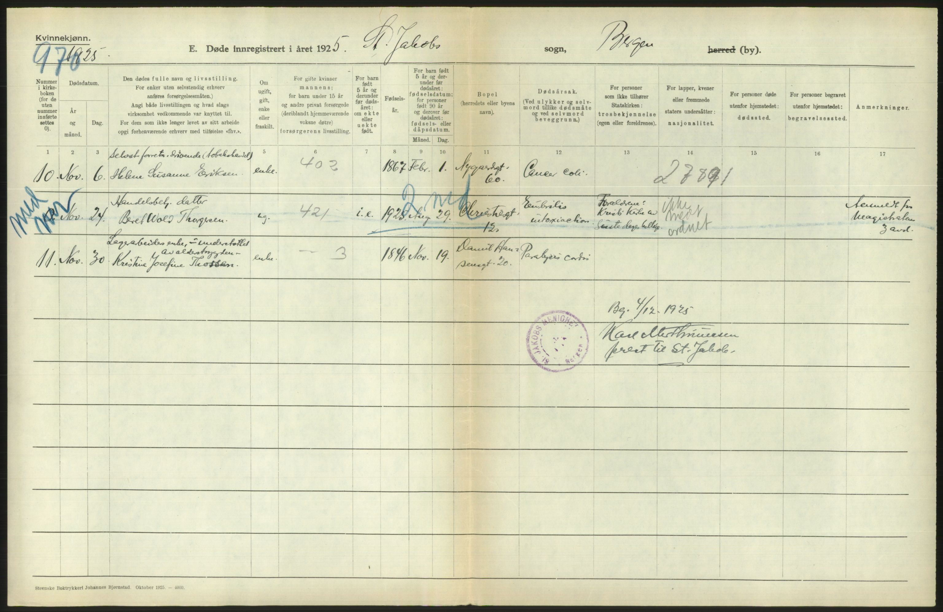 Statistisk sentralbyrå, Sosiodemografiske emner, Befolkning, RA/S-2228/D/Df/Dfc/Dfce/L0029: Bergen: Gifte, døde., 1925, p. 750