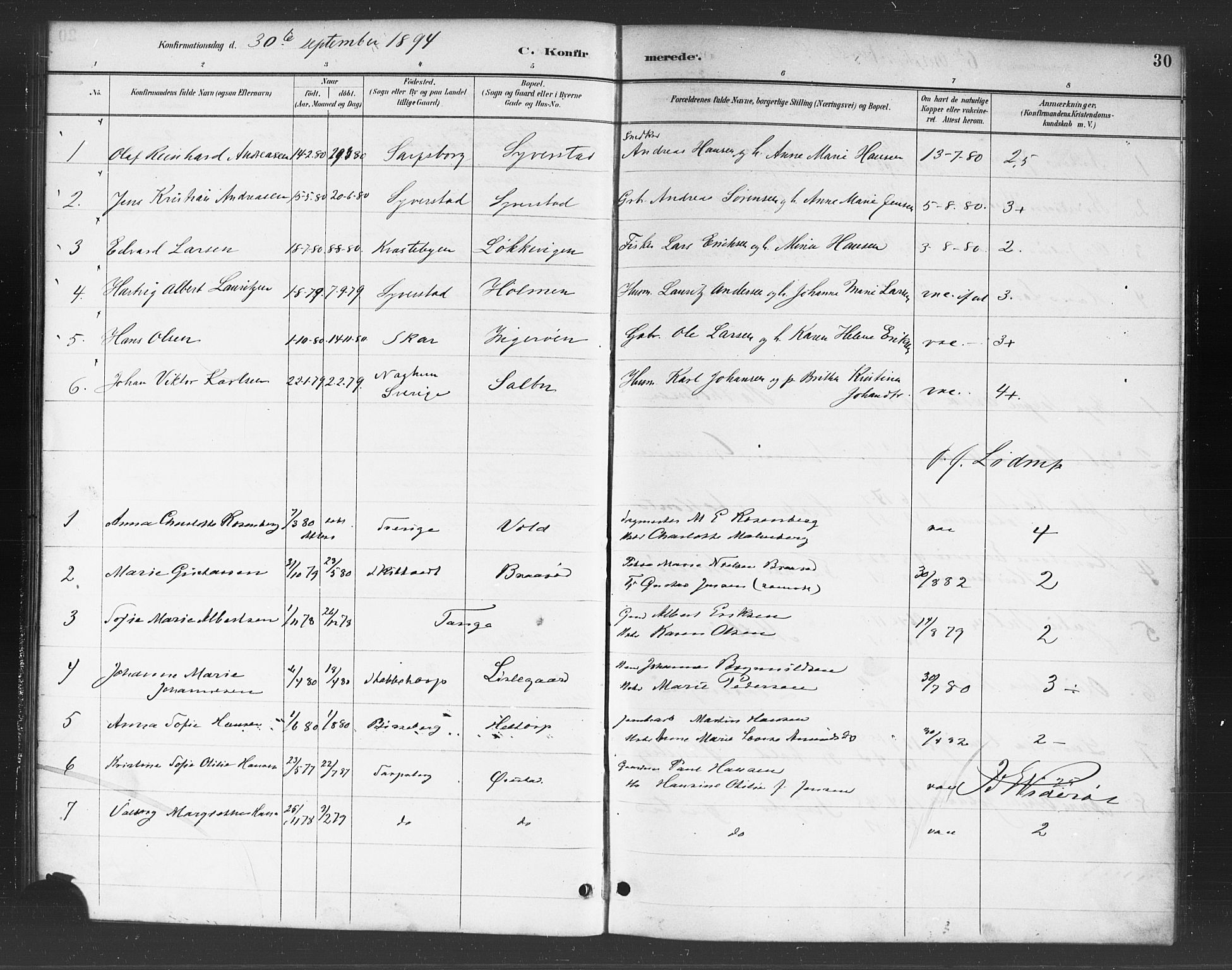 Skjeberg prestekontor Kirkebøker, SAO/A-10923/F/Fc/L0001: Parish register (official) no. III 1, 1886-1897, p. 30