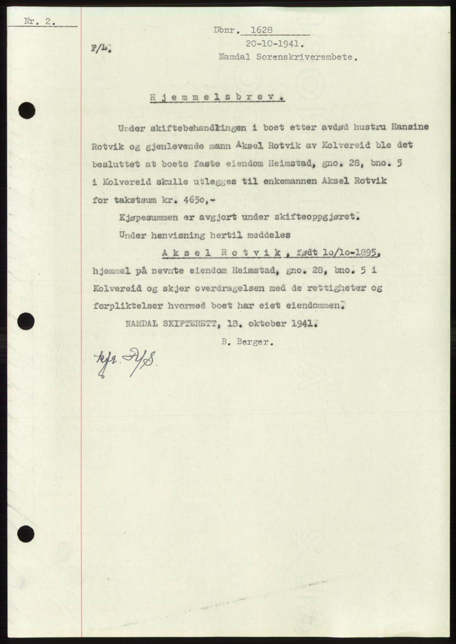 Namdal sorenskriveri, SAT/A-4133/1/2/2C: Mortgage book no. -, 1941-1942, Diary no: : 1628/1941