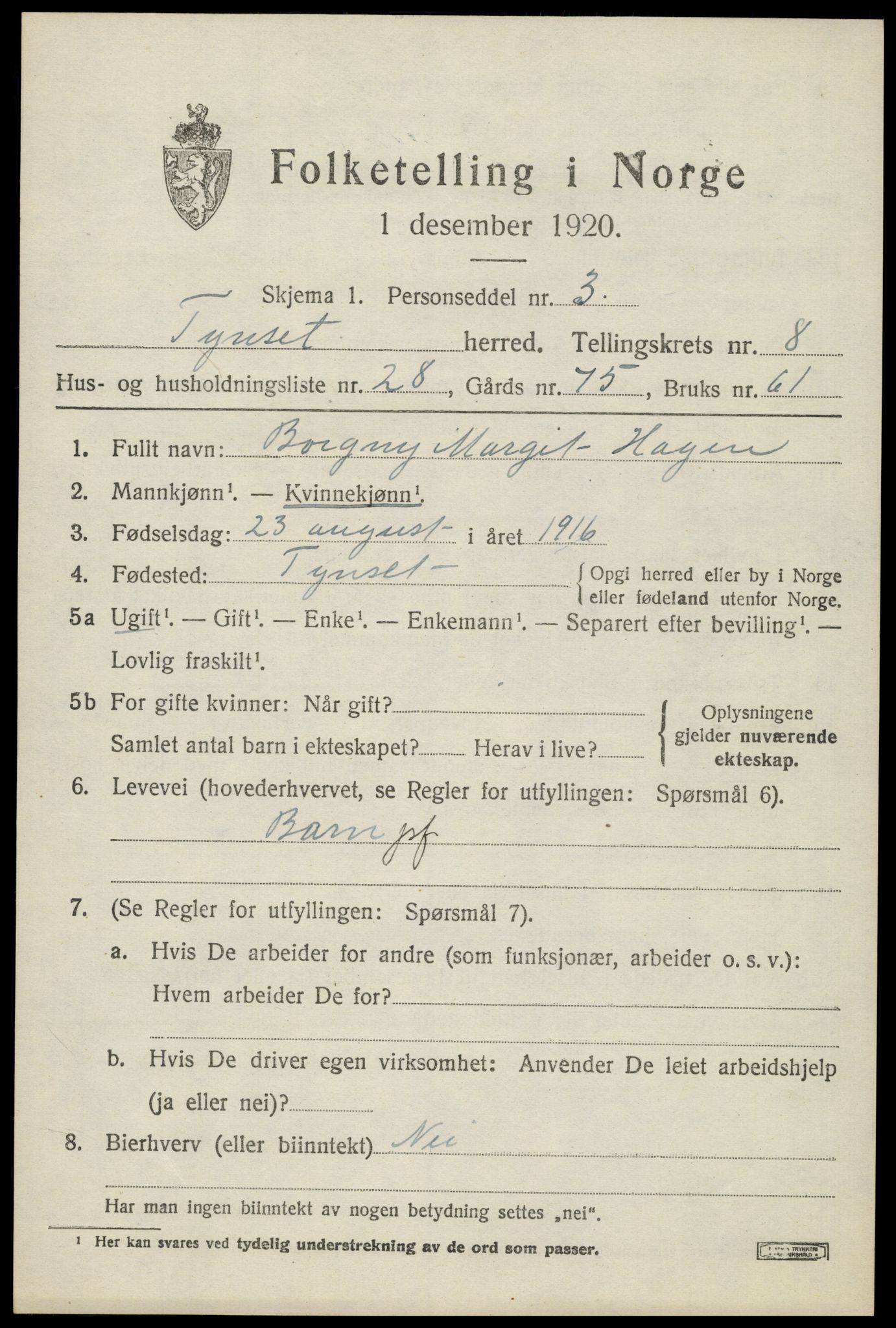 SAH, 1920 census for Tynset, 1920, p. 6898