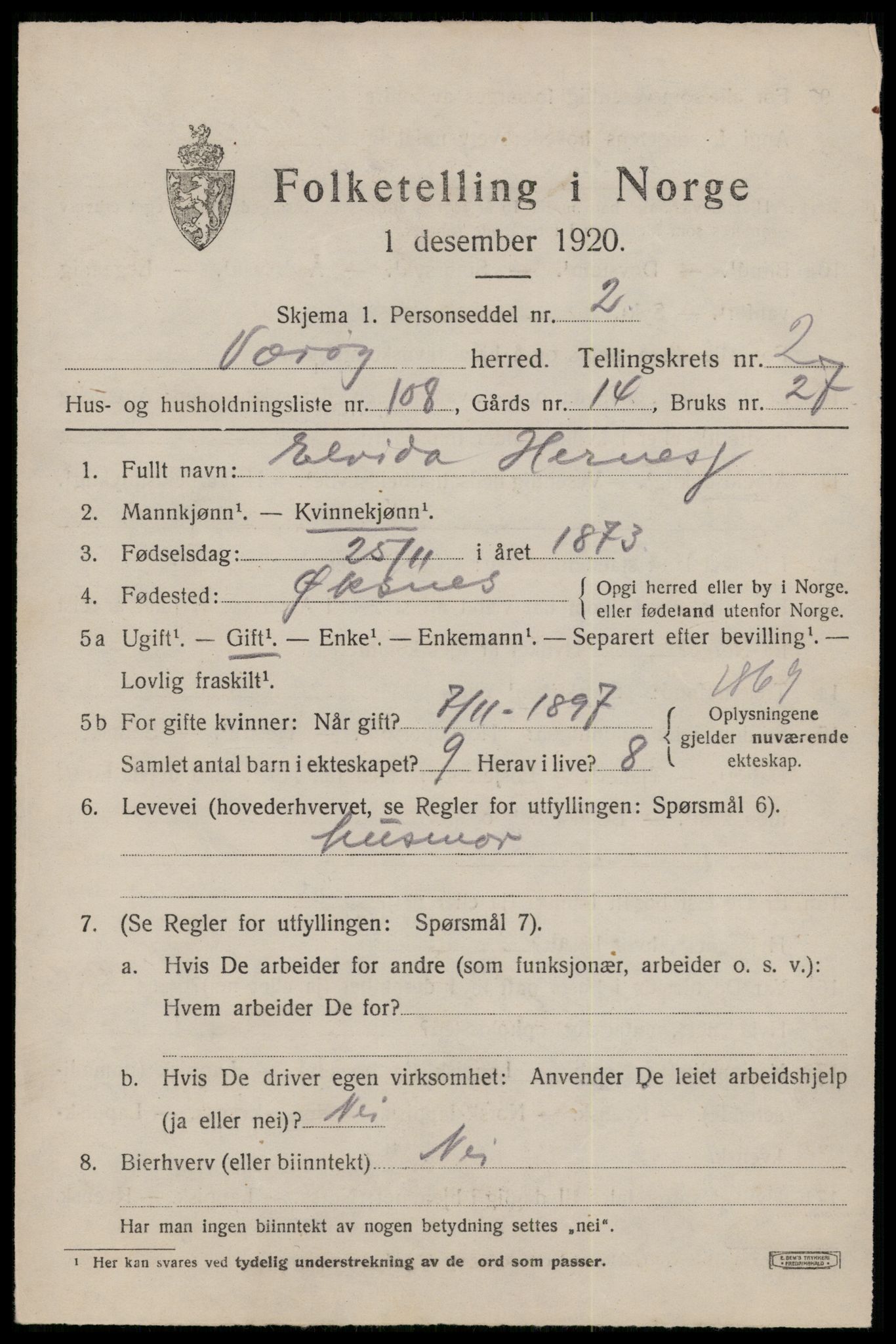 SAT, 1920 census for Værøy, 1920, p. 2215