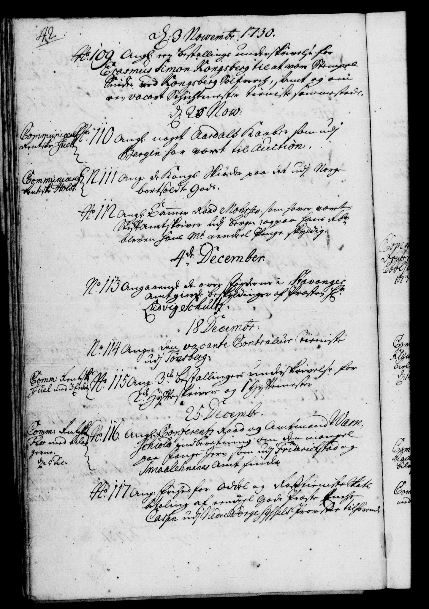 Rentekammeret, Kammerkanselliet, RA/EA-3111/G/Gf/Gfb/L0003: Register til norske relasjons- og resolusjonsprotokoller (merket RK 52.98), 1729-1736, p. 42
