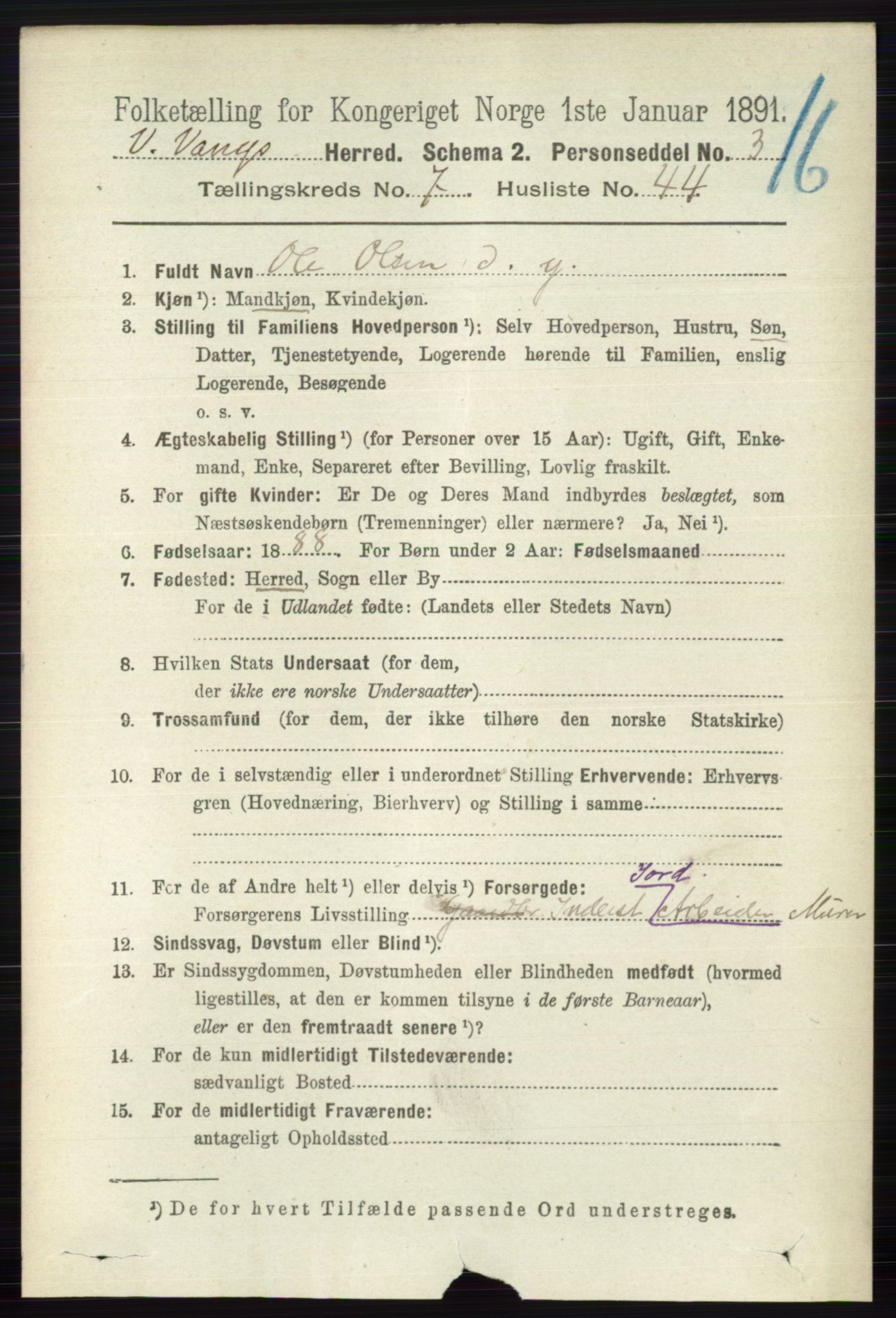 RA, 1891 census for 0545 Vang, 1891, p. 1699