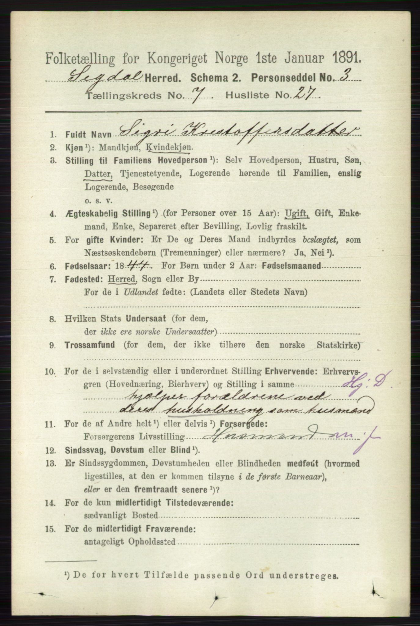 RA, 1891 census for 0621 Sigdal, 1891, p. 2870