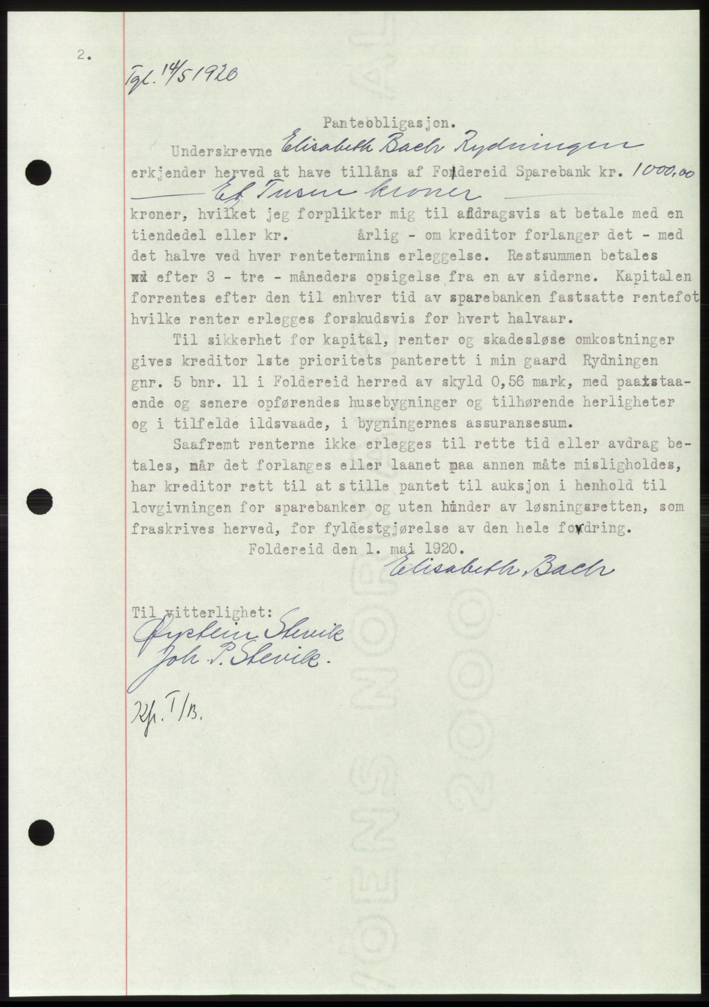 Namdal sorenskriveri, SAT/A-4133/1/2/2C: Mortgage book no. -, 1916-1921, Deed date: 14.05.1920