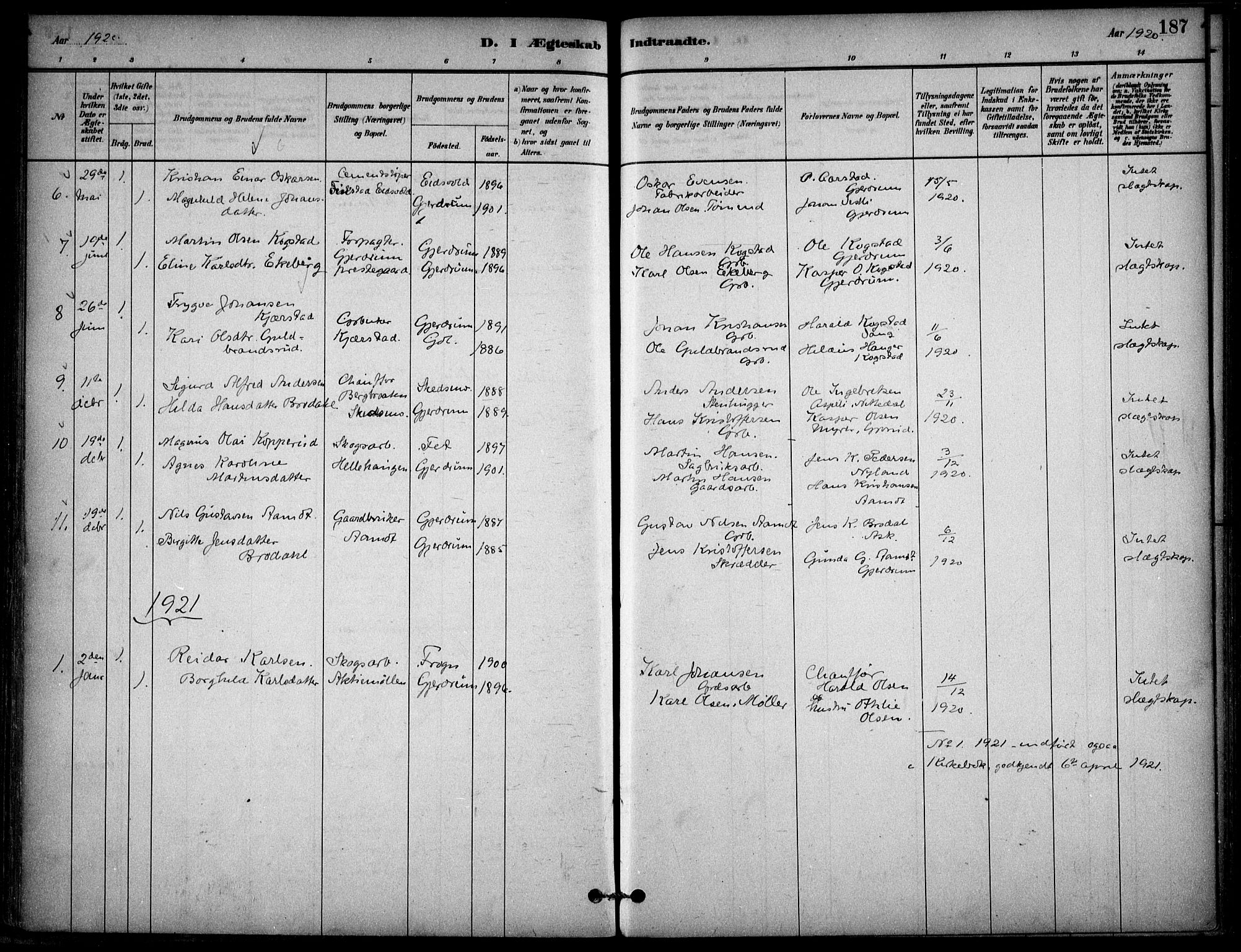 Gjerdrum prestekontor Kirkebøker, SAO/A-10412b/F/Fb/L0001: Parish register (official) no. II 1, 1881-1921, p. 187