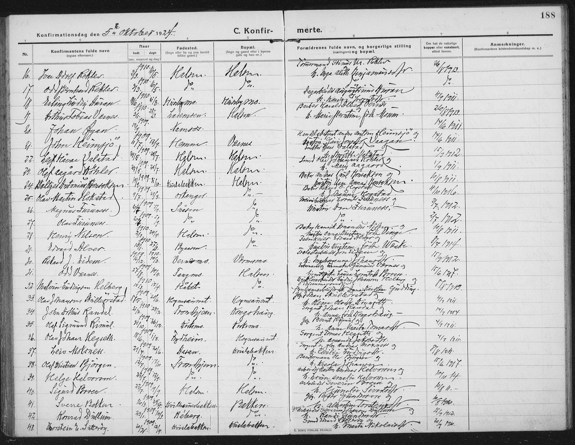 Ministerialprotokoller, klokkerbøker og fødselsregistre - Nord-Trøndelag, SAT/A-1458/709/L0083: Parish register (official) no. 709A23, 1916-1928, p. 188