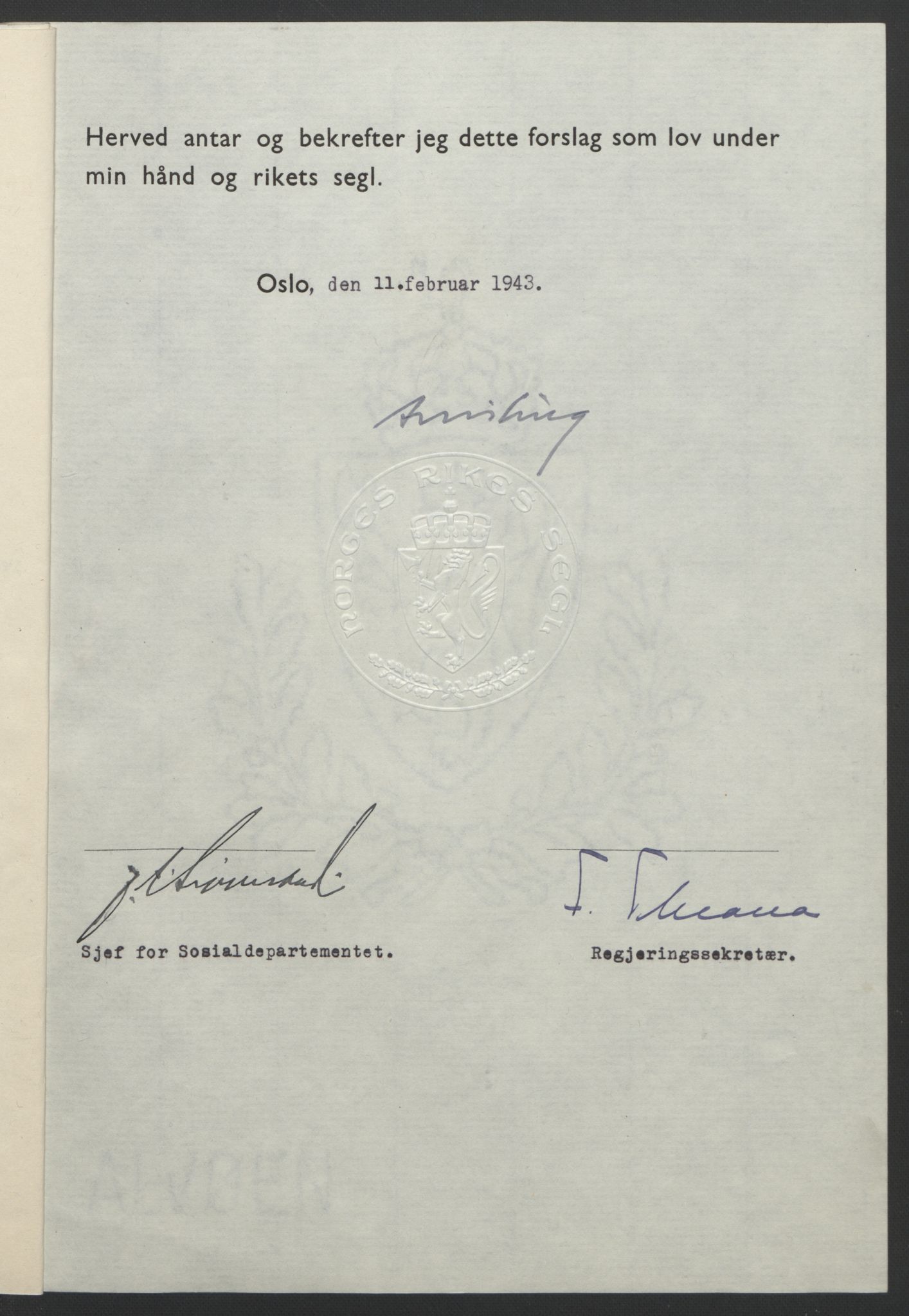 NS-administrasjonen 1940-1945 (Statsrådsekretariatet, de kommisariske statsråder mm), RA/S-4279/D/Db/L0099: Lover, 1943, p. 104