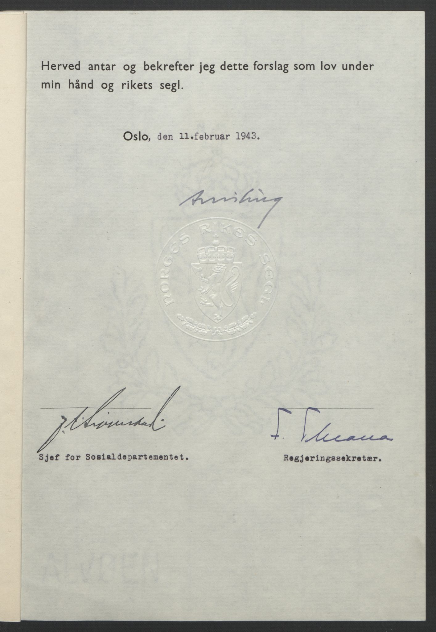 NS-administrasjonen 1940-1945 (Statsrådsekretariatet, de kommisariske statsråder mm), AV/RA-S-4279/D/Db/L0099: Lover, 1943, p. 104