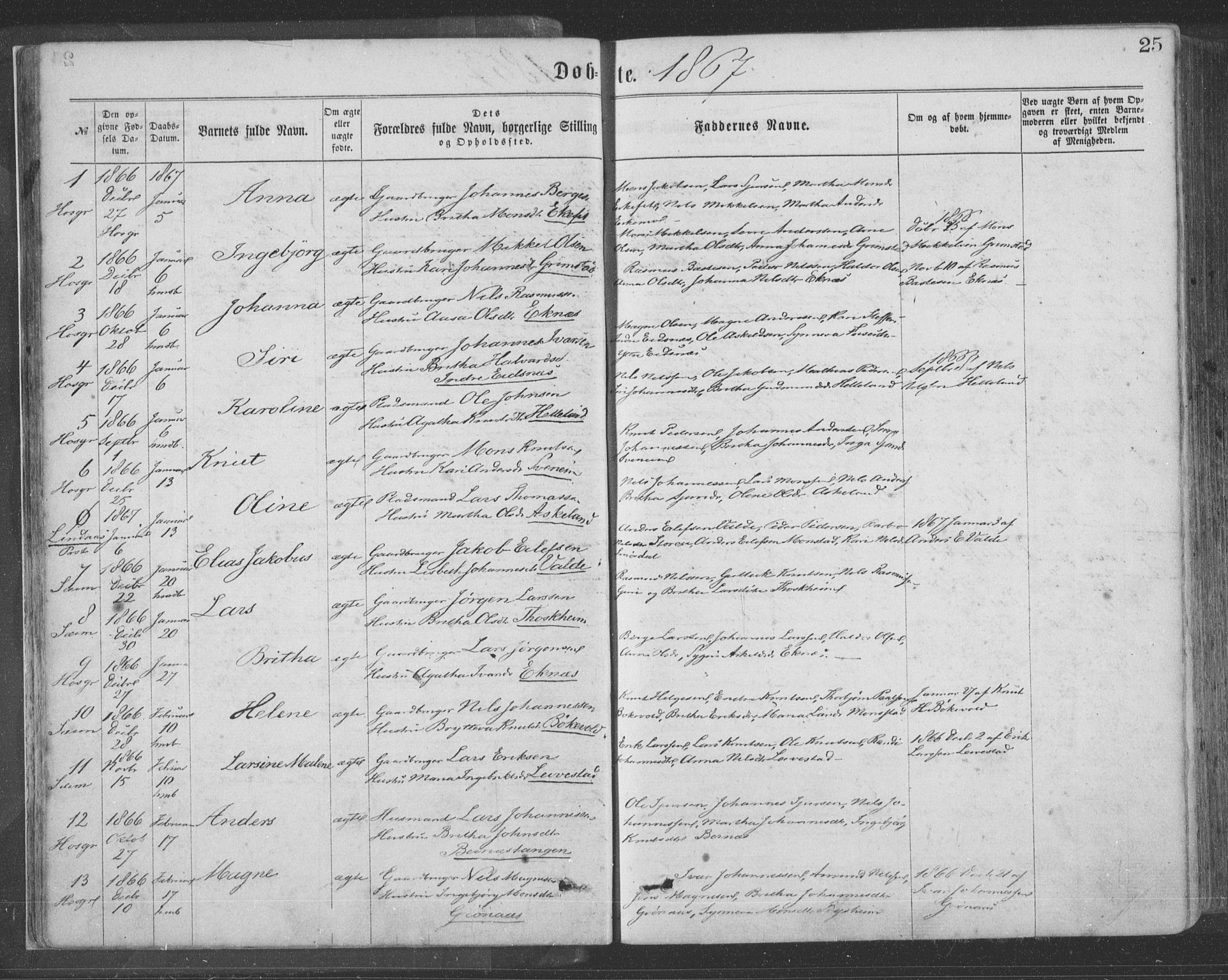 Hosanger sokneprestembete, AV/SAB-A-75801/H/Haa: Parish register (official) no. A 9, 1864-1876, p. 25