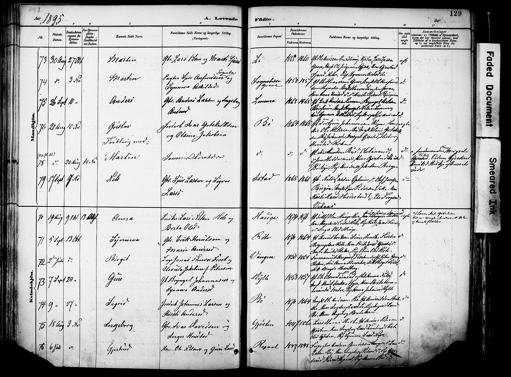 Voss sokneprestembete, AV/SAB-A-79001/H/Haa: Parish register (official) no. A 21, 1887-1903, p. 129