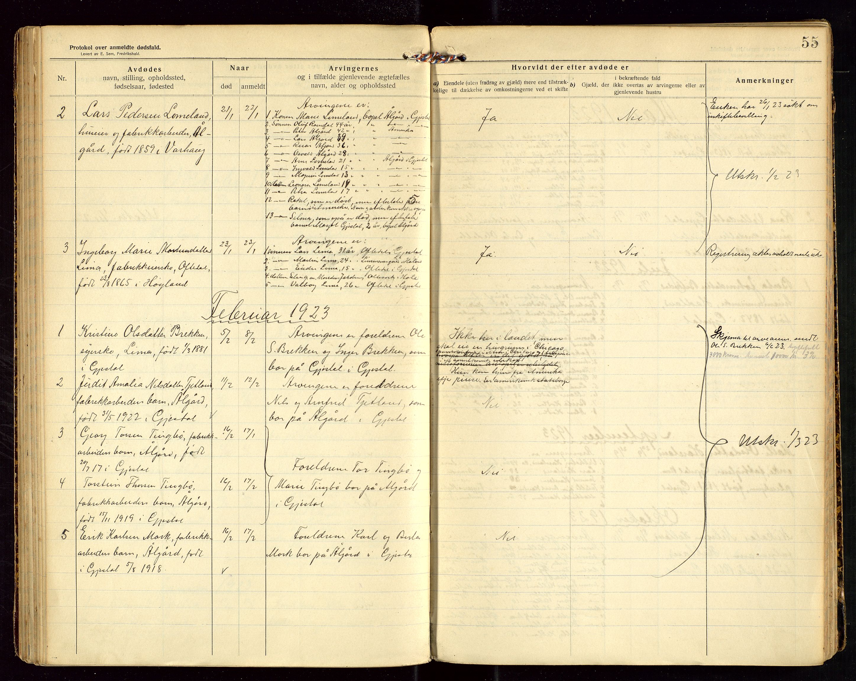 Gjesdal lensmannskontor, SAST/A-100441/Gga/L0002: Dødsfallprotokoll, 1911-1933, p. 55