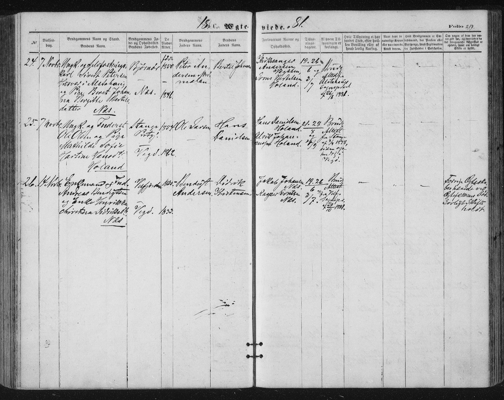 Ministerialprotokoller, klokkerbøker og fødselsregistre - Nordland, SAT/A-1459/816/L0241: Parish register (official) no. 816A07, 1870-1885, p. 217