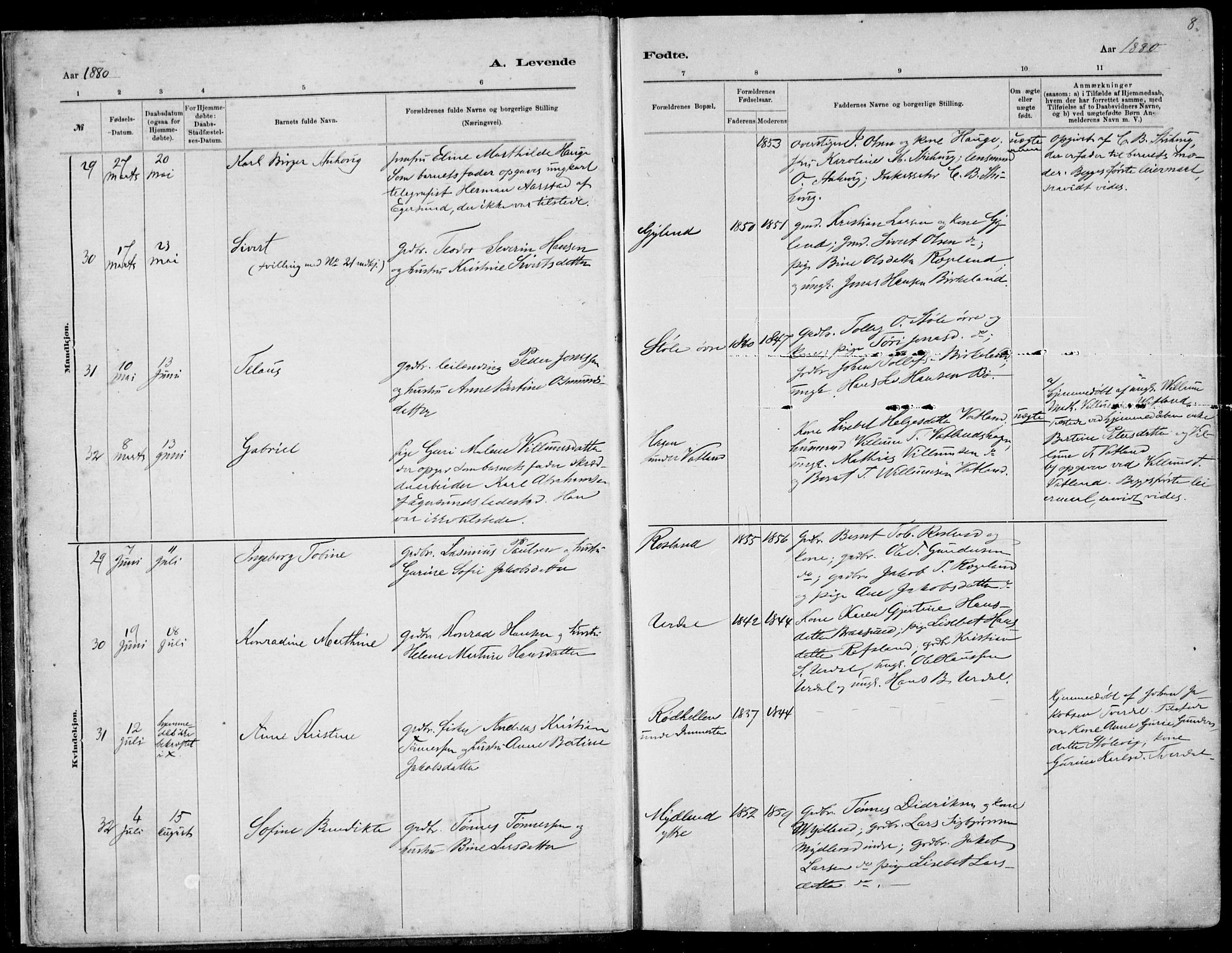 Sokndal sokneprestkontor, AV/SAST-A-101808: Parish register (copy) no. B 4, 1880-1891, p. 8