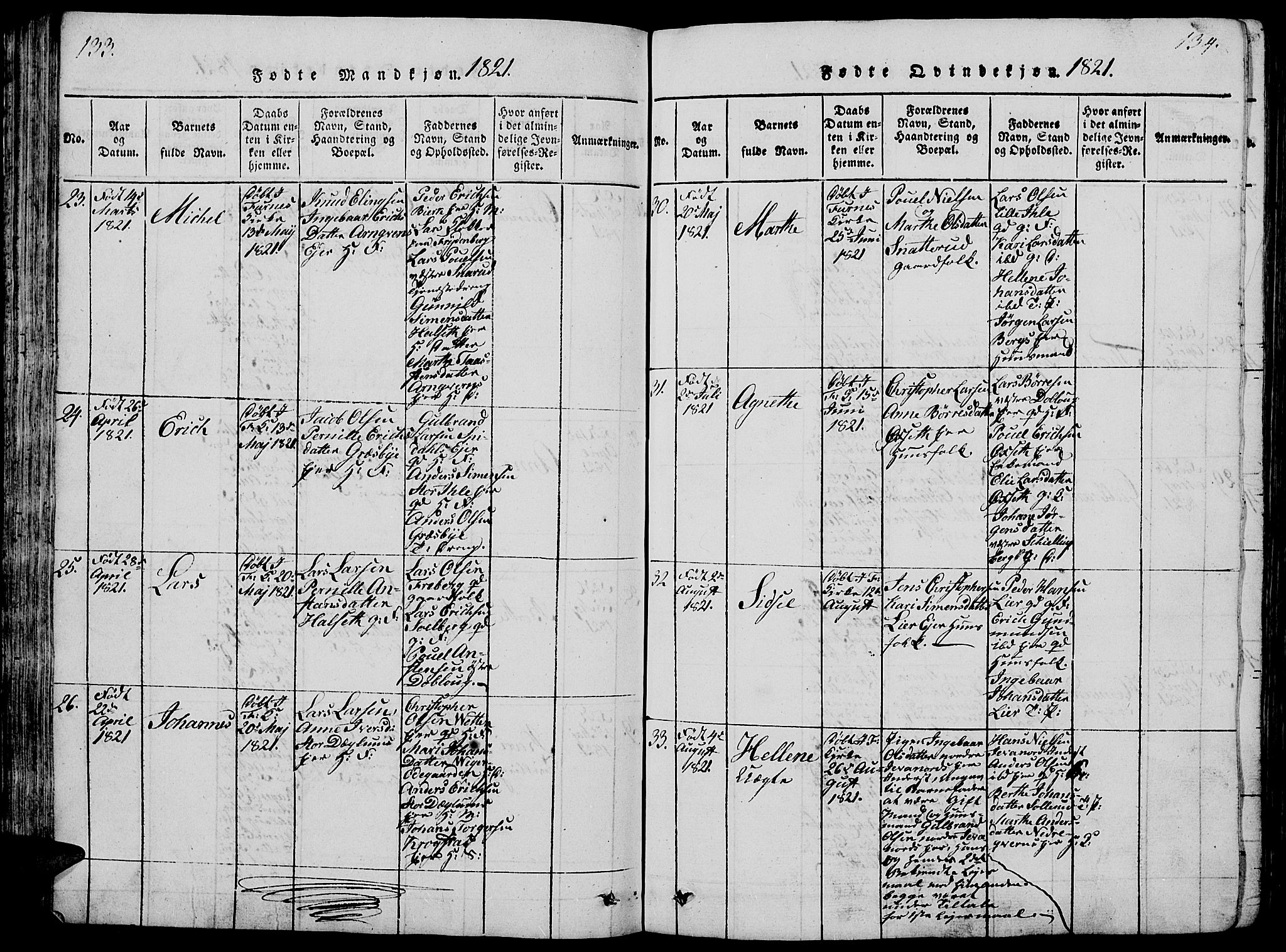 Vang prestekontor, Hedmark, AV/SAH-PREST-008/H/Ha/Hab/L0005: Parish register (copy) no. 5, 1815-1836, p. 133-134