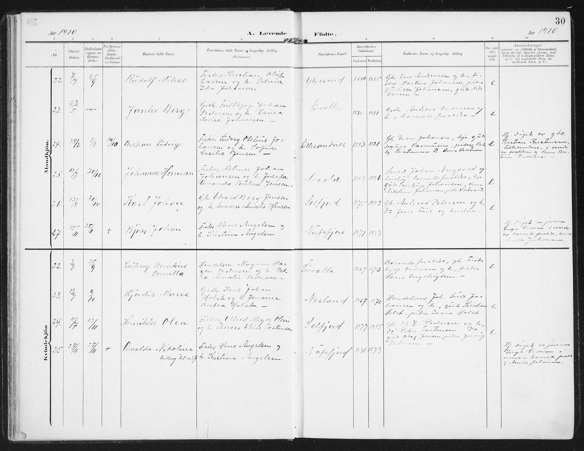 Ministerialprotokoller, klokkerbøker og fødselsregistre - Nordland, SAT/A-1459/885/L1206: Parish register (official) no. 885A07, 1905-1915, p. 30