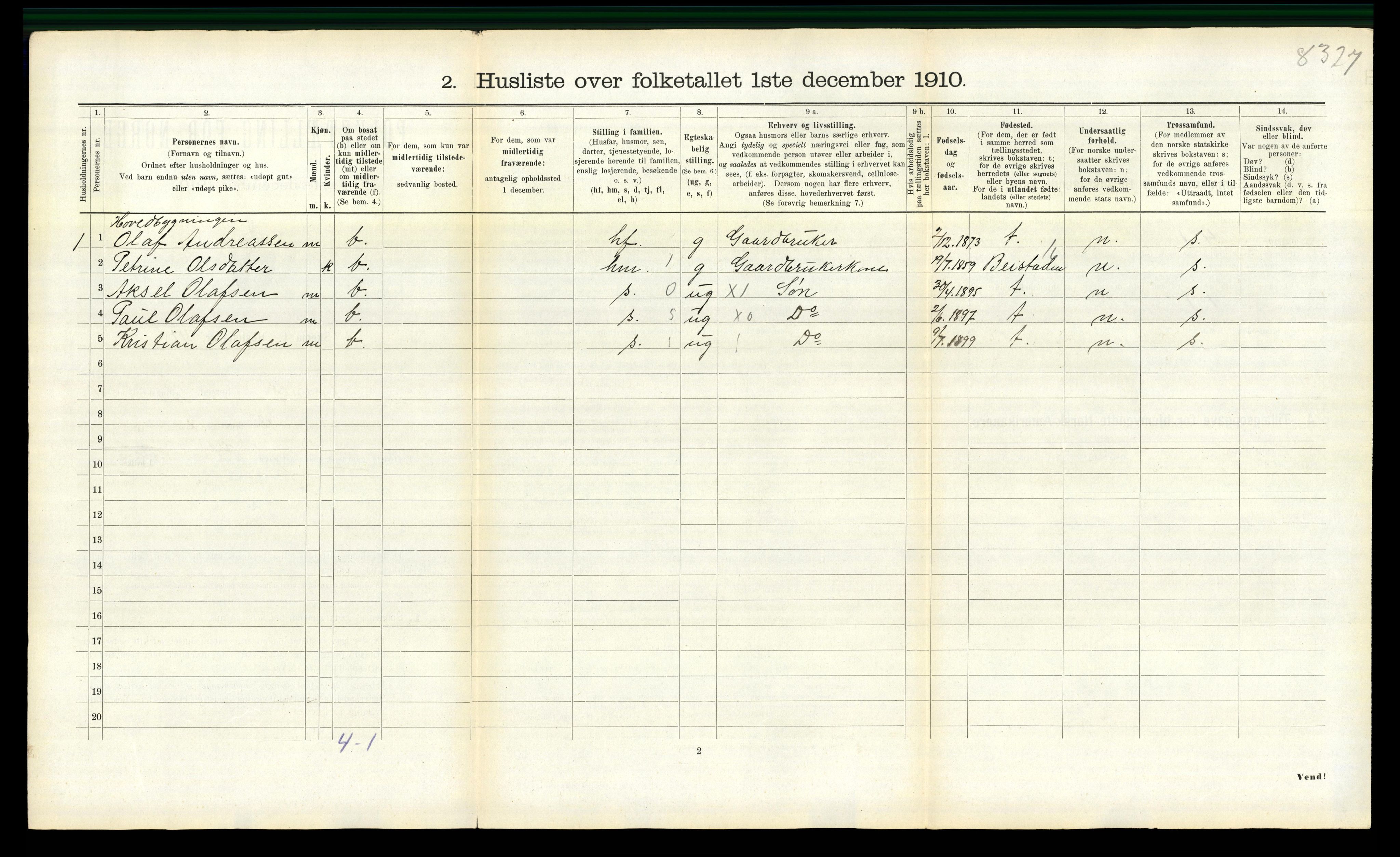 RA, 1910 census for Fosnes, 1910, p. 732