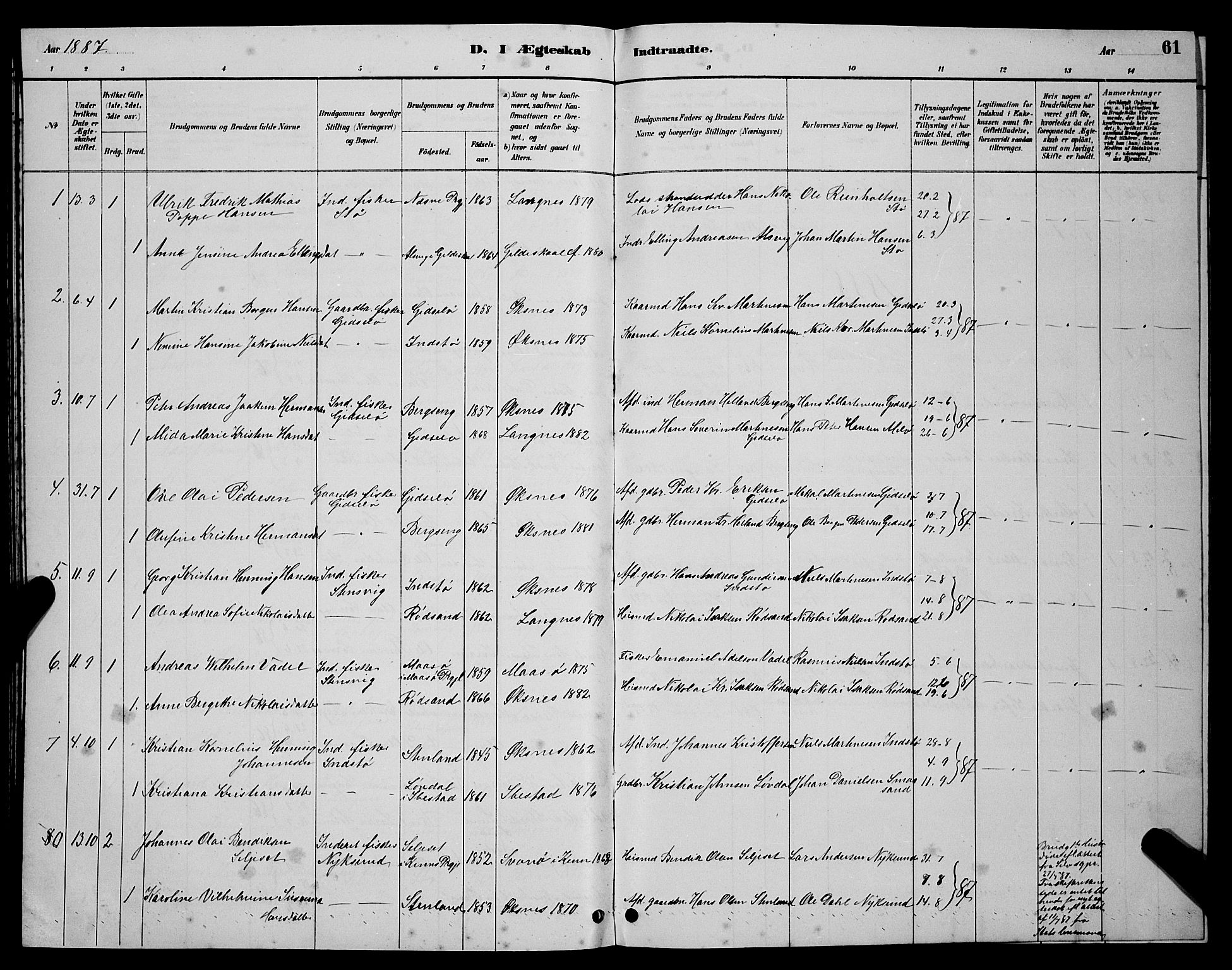 Ministerialprotokoller, klokkerbøker og fødselsregistre - Nordland, AV/SAT-A-1459/894/L1360: Parish register (copy) no. 894C03, 1885-1888, p. 61