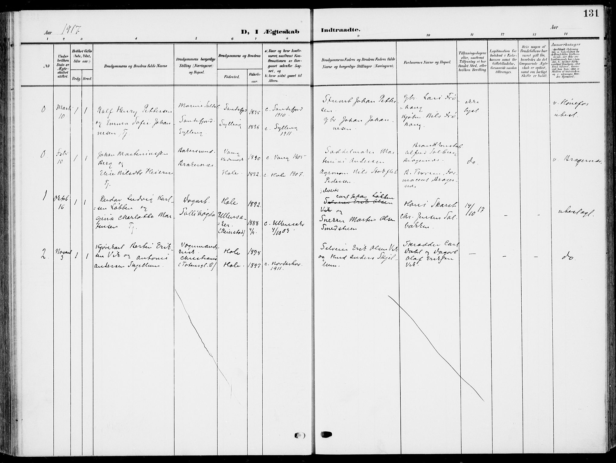 Hole kirkebøker, SAKO/A-228/F/Fa/L0010: Parish register (official) no. I 10, 1907-1917, p. 131