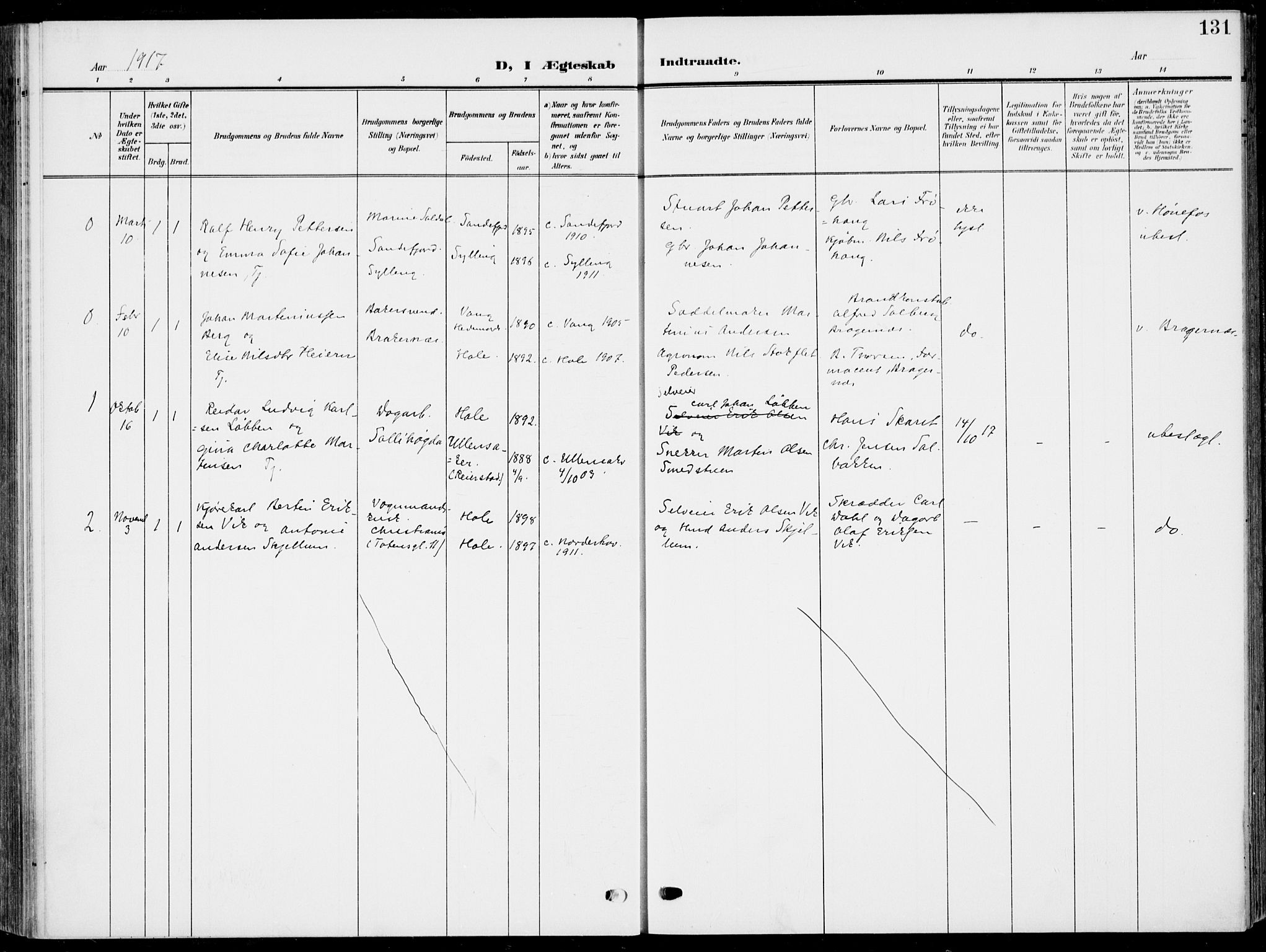 Hole kirkebøker, AV/SAKO-A-228/F/Fa/L0010: Parish register (official) no. I 10, 1907-1917, p. 131