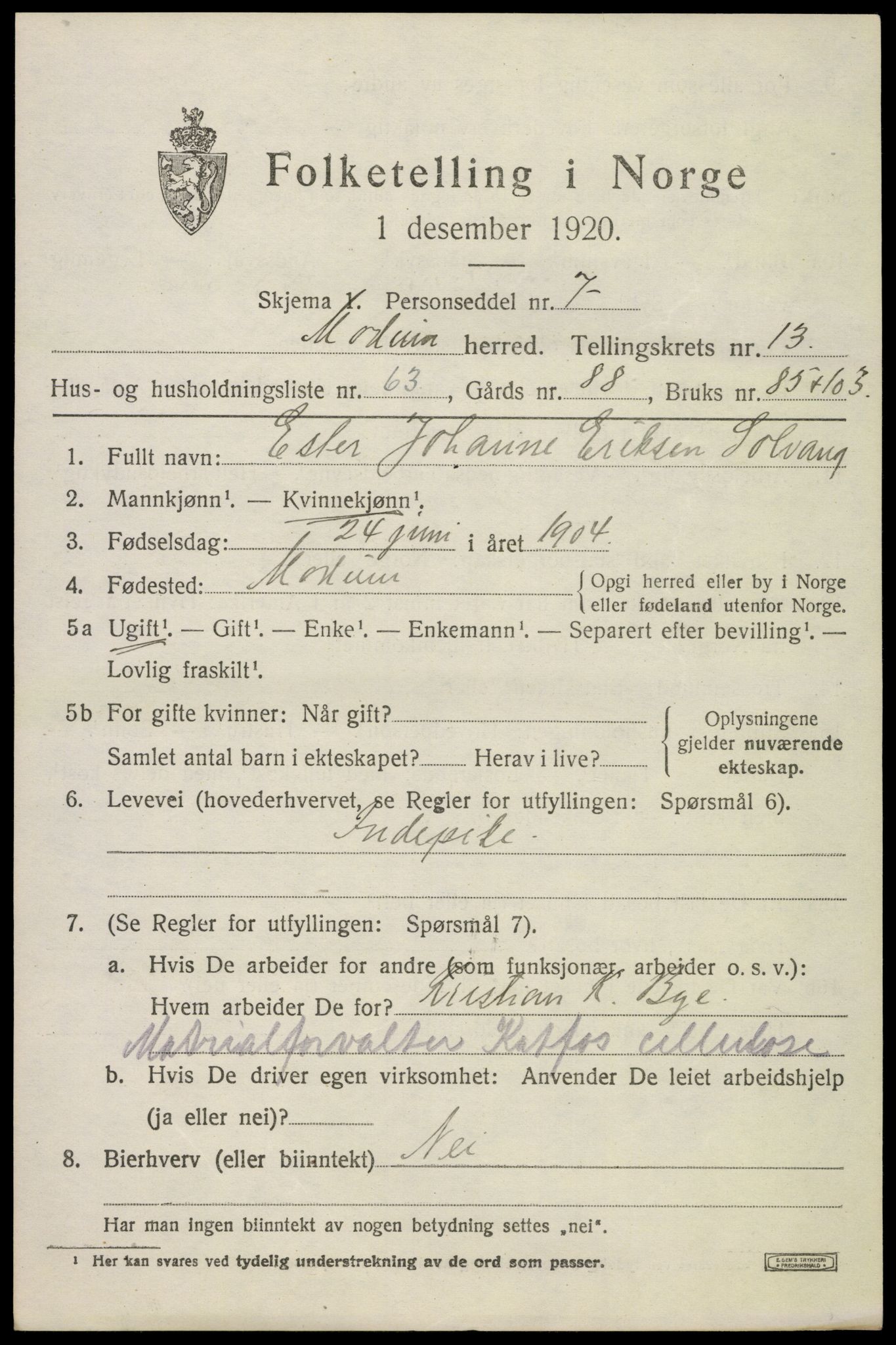 SAKO, 1920 census for Modum, 1920, p. 15957