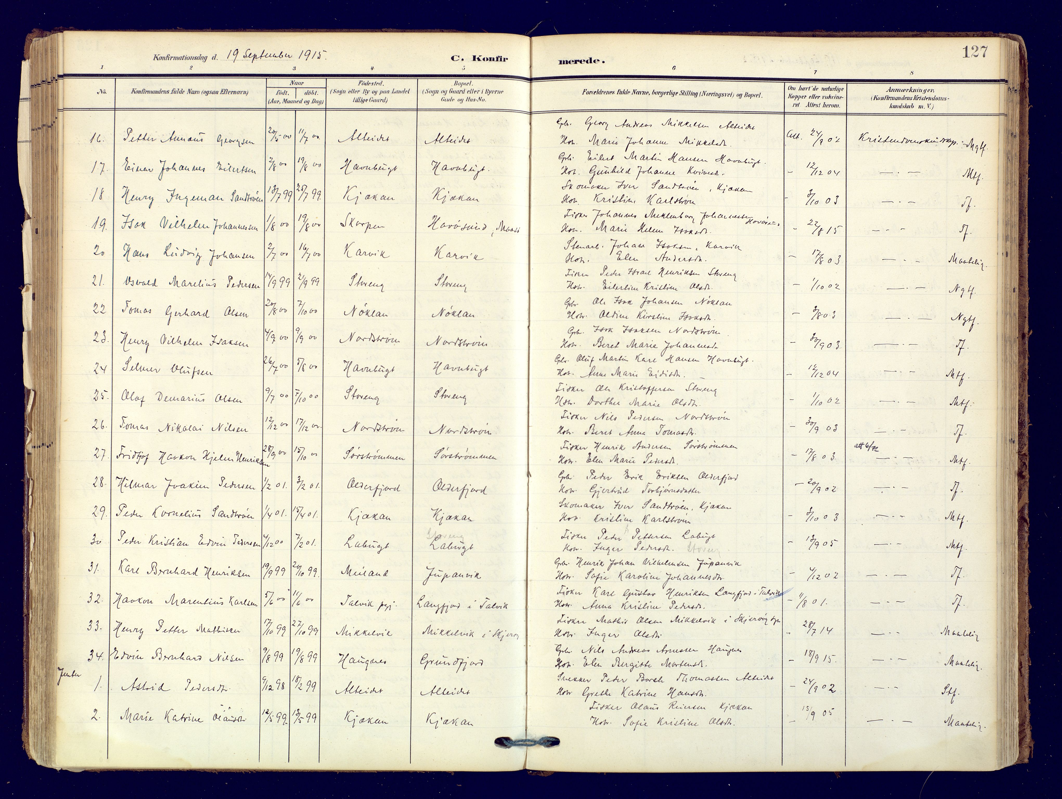 Skjervøy sokneprestkontor, AV/SATØ-S-1300/H/Ha/Haa: Parish register (official) no. 19, 1908-1936, p. 127