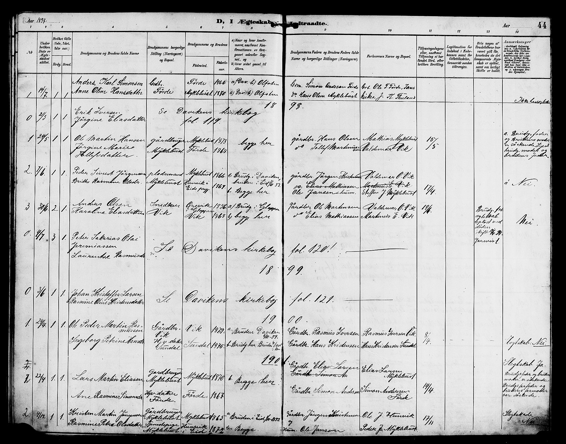 Davik sokneprestembete, AV/SAB-A-79701/H/Hab/Habd/L0002: Parish register (copy) no. D 2, 1890-1919, p. 44