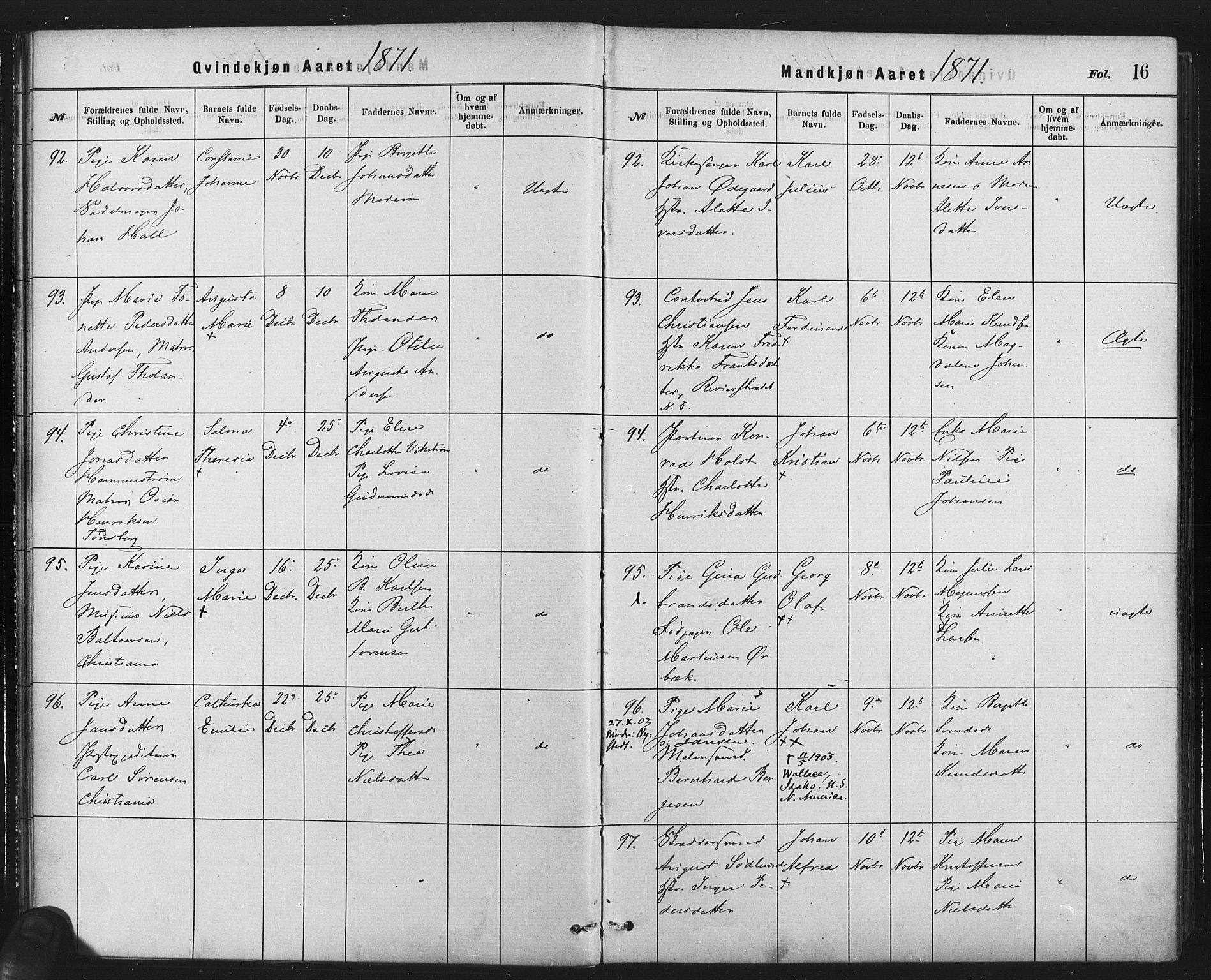 Rikshospitalet prestekontor Kirkebøker, AV/SAO-A-10309b/F/L0006: Parish register (official) no. 6, 1871-1885, p. 16