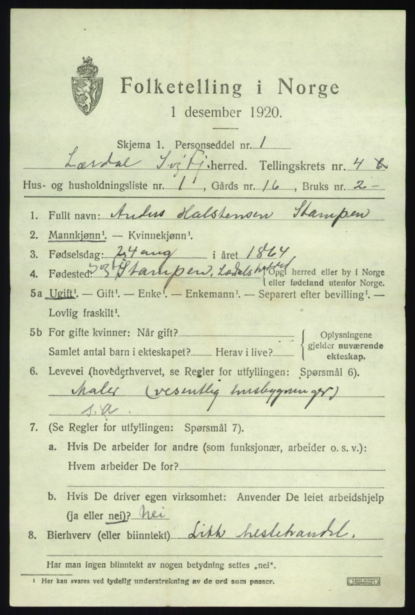 SAB, 1920 census for Lærdal, 1920, p. 2202