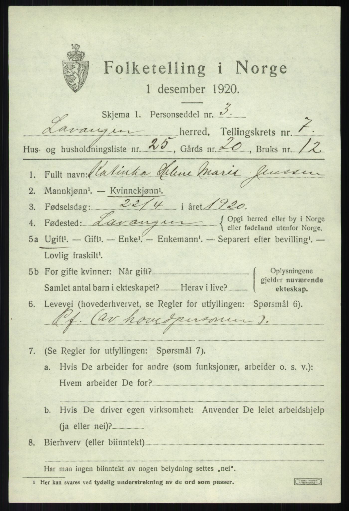 SATØ, 1920 census for Lavangen, 1920, p. 3045