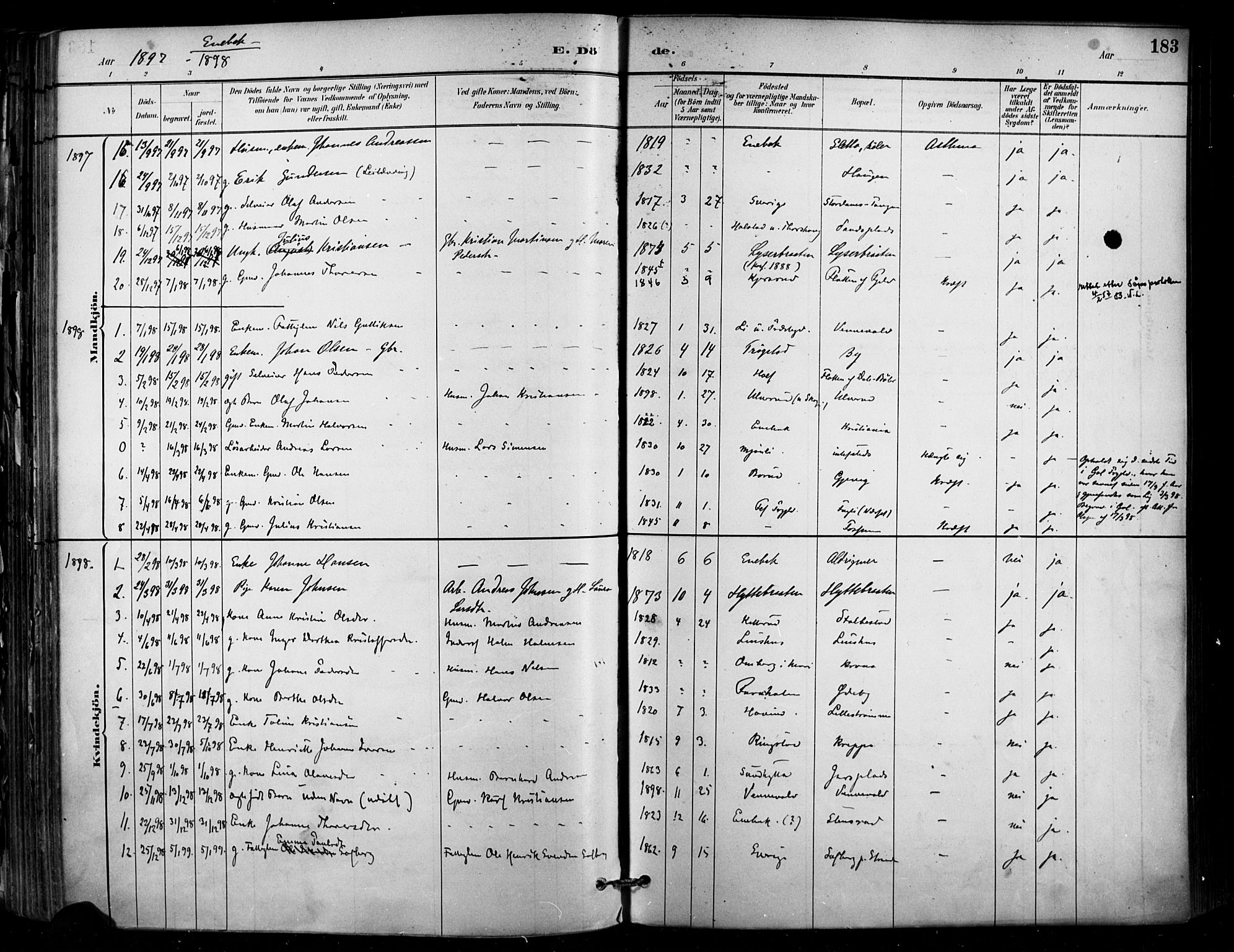 Enebakk prestekontor Kirkebøker, SAO/A-10171c/F/Fa/L0016: Parish register (official) no. I 16, 1883-1898, p. 183