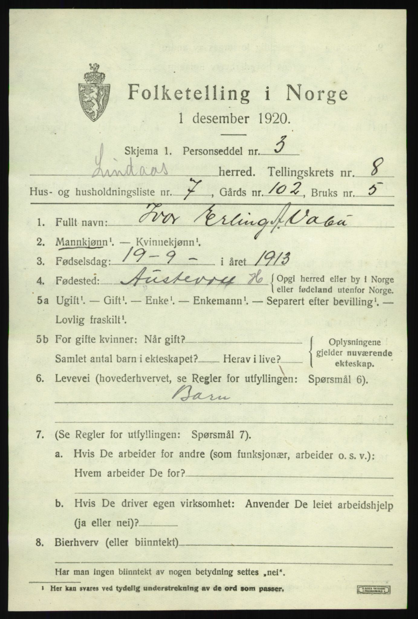 SAB, 1920 census for Lindås, 1920, p. 4327