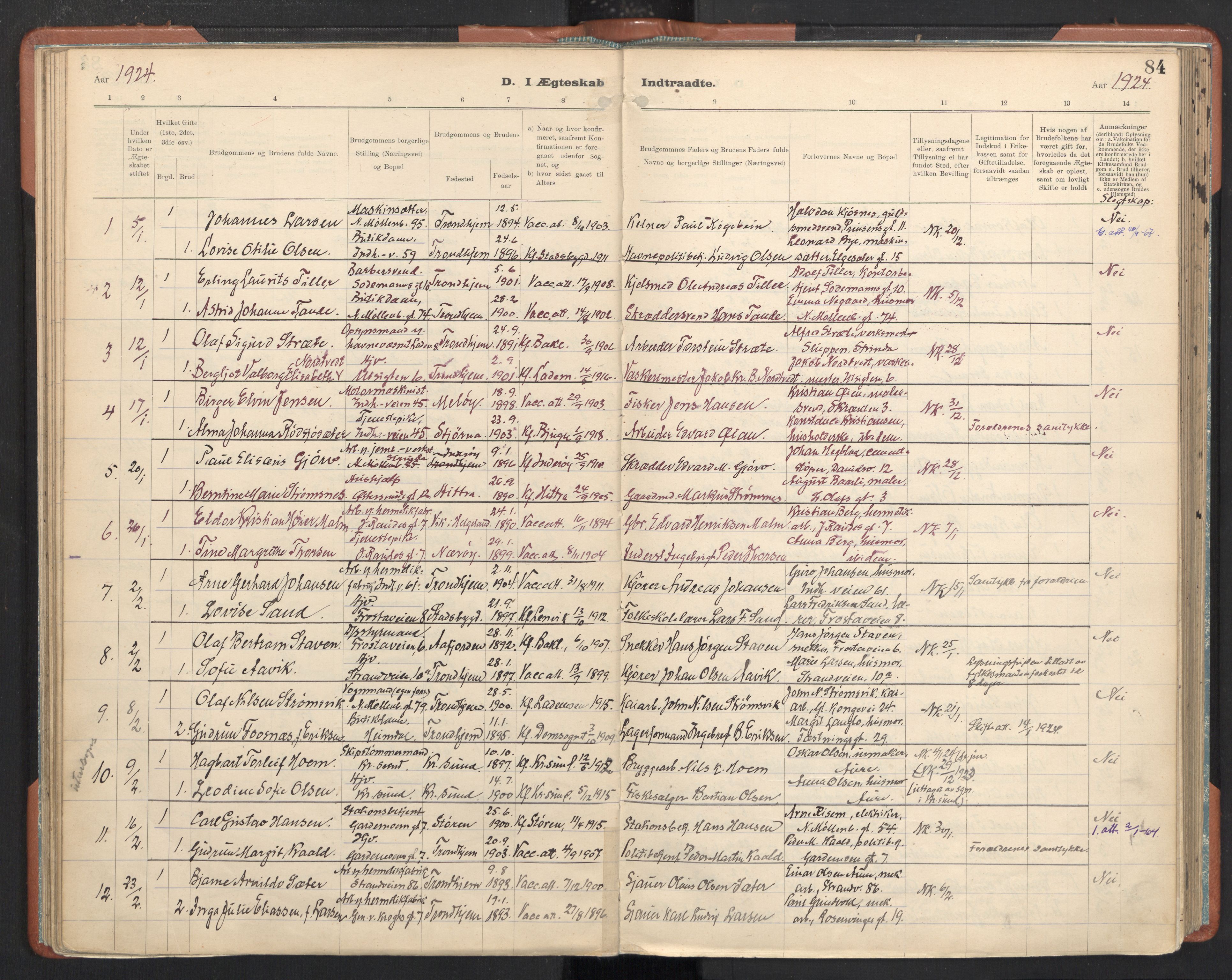 Ministerialprotokoller, klokkerbøker og fødselsregistre - Sør-Trøndelag, SAT/A-1456/605/L0245: Parish register (official) no. 605A07, 1916-1938, p. 84
