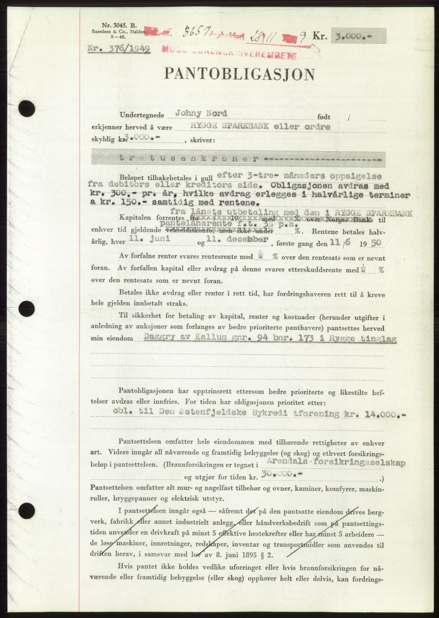 Moss sorenskriveri, SAO/A-10168: Mortgage book no. B23, 1949-1950, Diary no: : 3657/1949