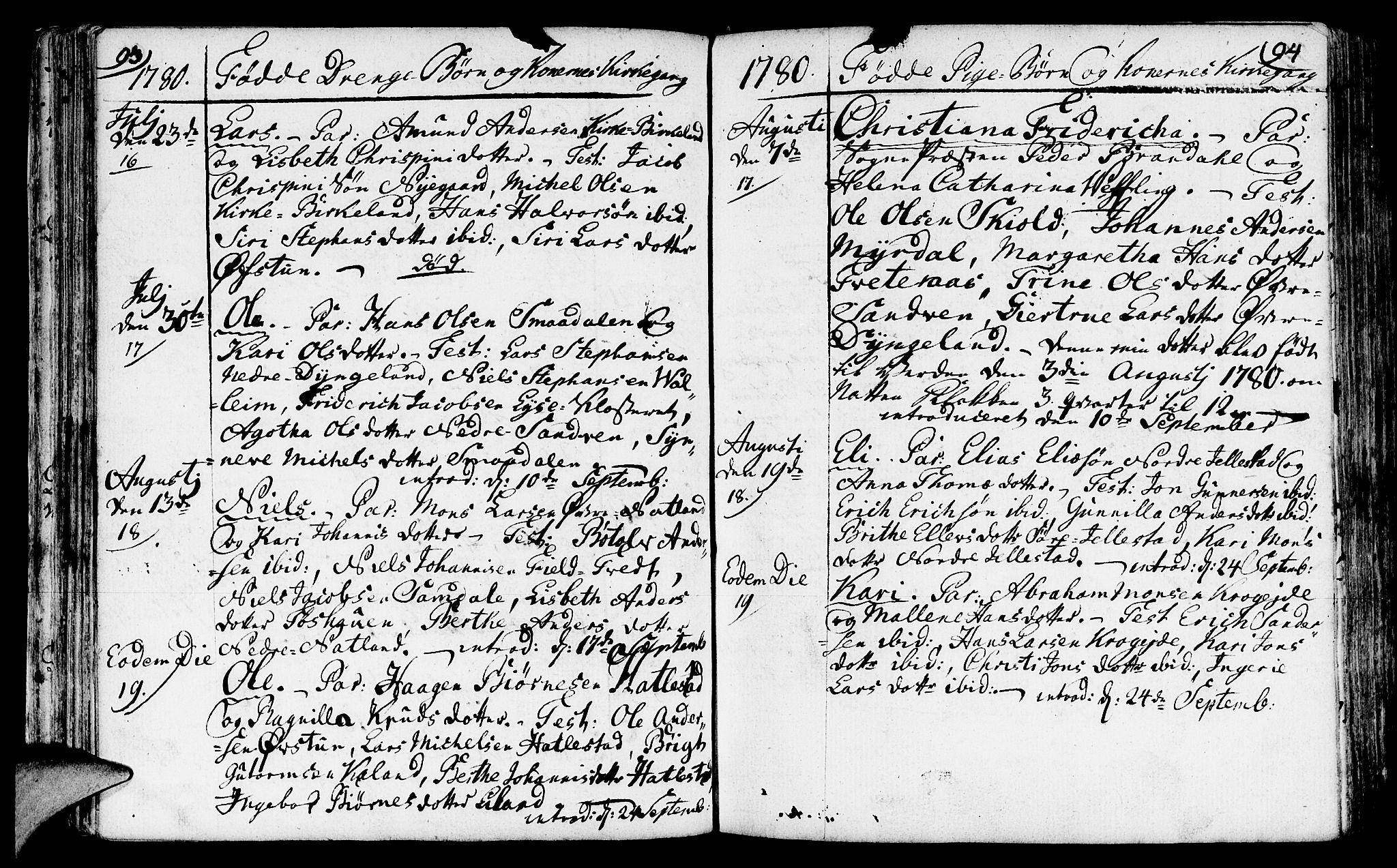 Fana Sokneprestembete, AV/SAB-A-75101/H/Haa/Haaa/L0005: Parish register (official) no. A 5, 1773-1799, p. 93-94