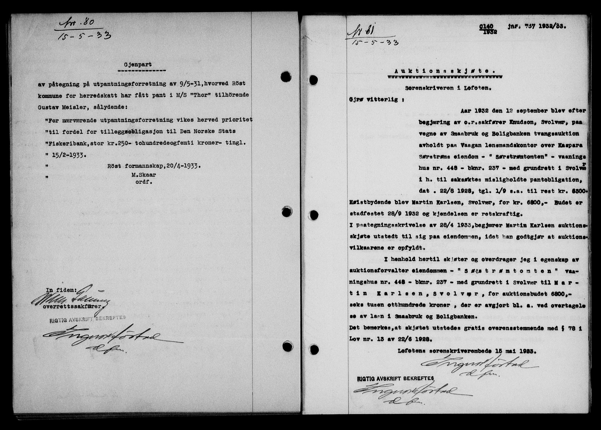 Lofoten sorenskriveri, SAT/A-0017/1/2/2C/L0027b: Mortgage book no. 27b, 1933-1933, Deed date: 15.05.1933