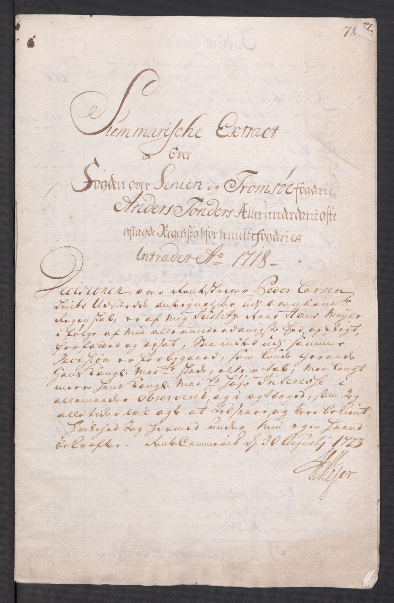 Rentekammeret inntil 1814, Reviderte regnskaper, Fogderegnskap, RA/EA-4092/R68/L4764: Fogderegnskap Senja og Troms, 1718, p. 20